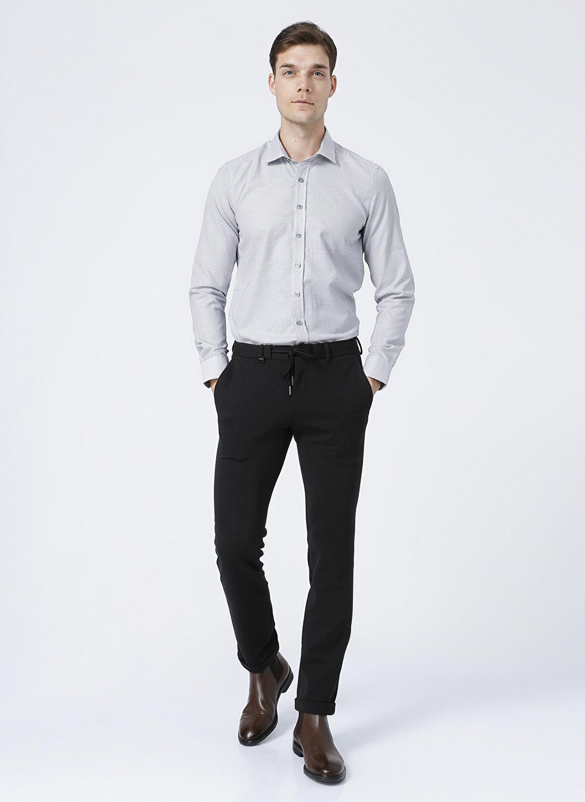 Erkek Beyaz-siyah Slim Fit Dar Kesim Klasik Yaka Armürlü Beyaz-siyah Gömlek