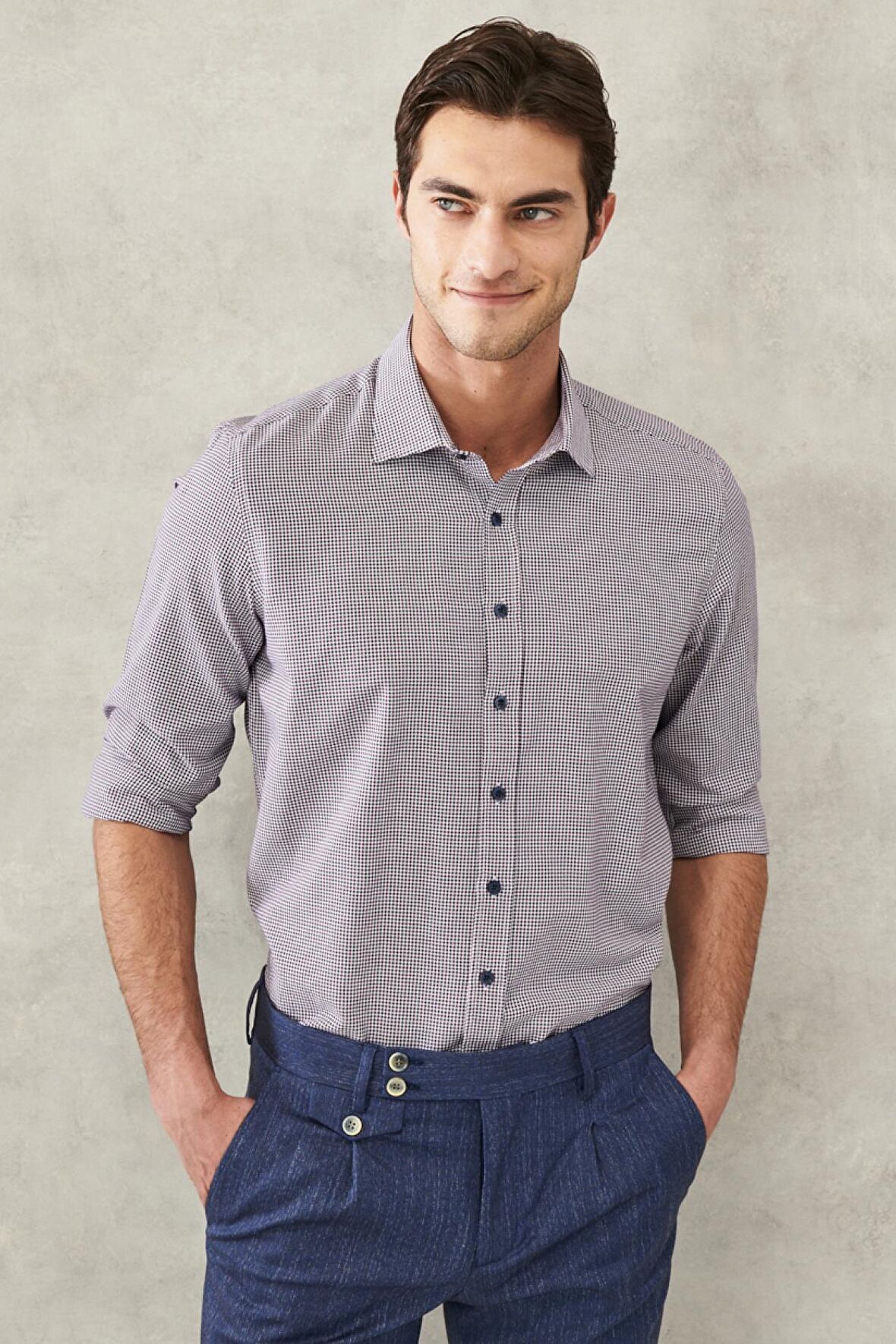 Erkek Beyaz-bordo Slim Fit Dar Kesim Klasik Yaka Armürlü Gömlek