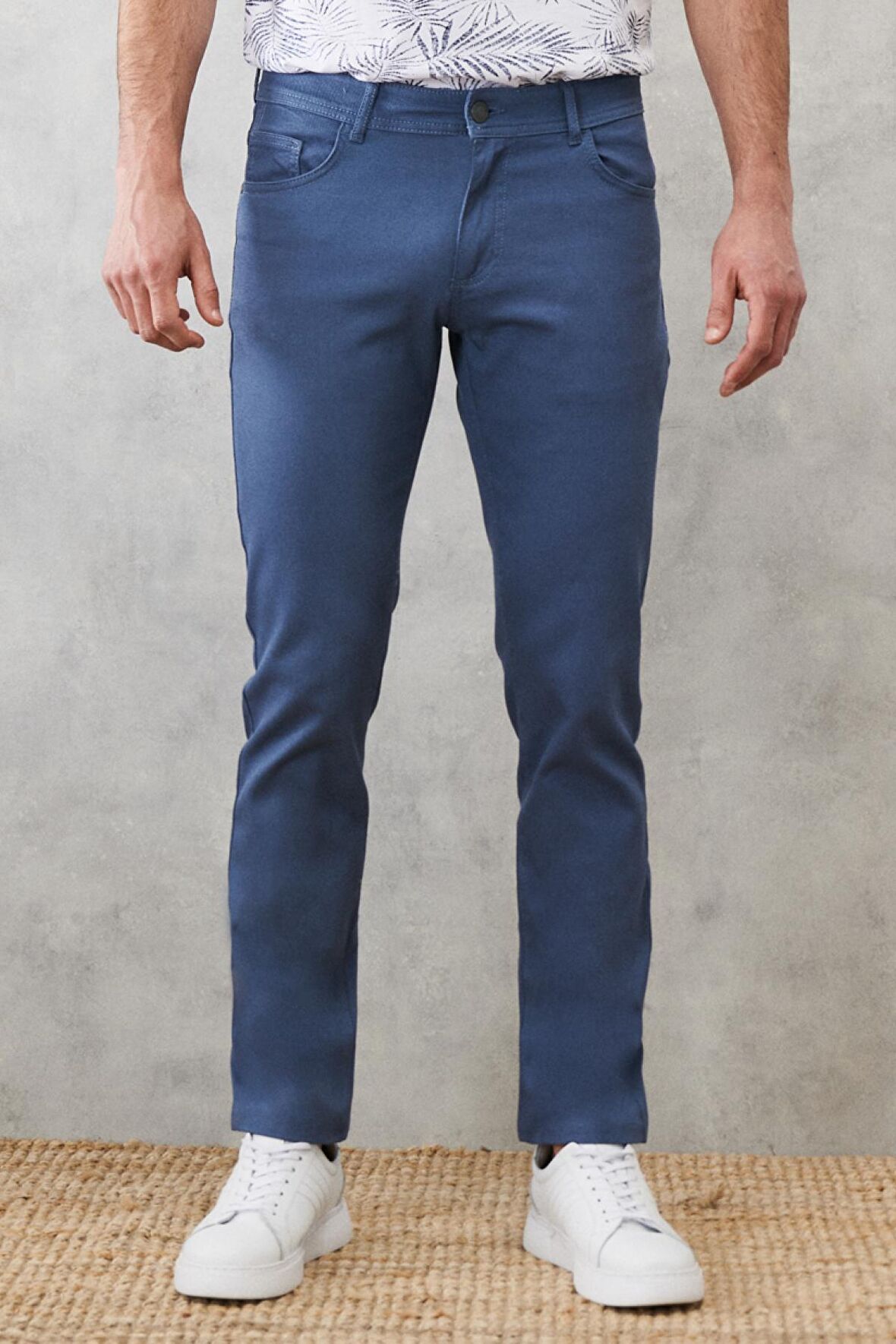 Erkek Petrol Slim Fit Dar Kesim Armürlü 5 Cepli Casual Esnek Pantolon