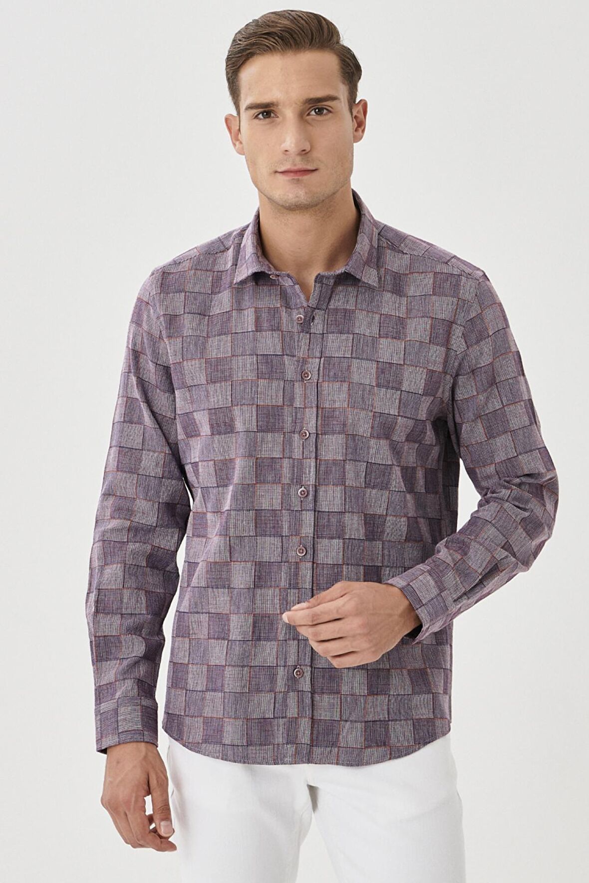 Erkek Beyaz-bordo Slim Fit Kareli Gömlek