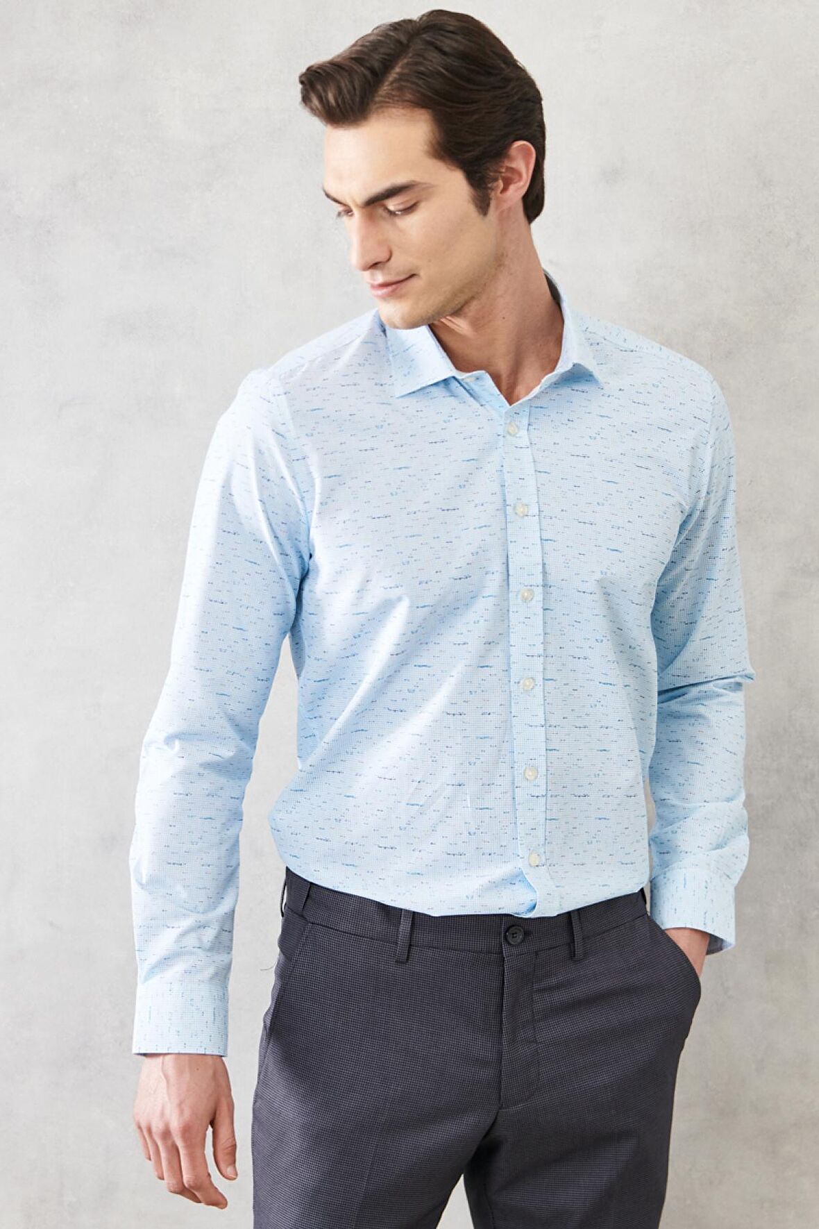 Erkek Turkuaz Slim Fit Dar Kesim Klasik Yaka Baskılı Gömlek