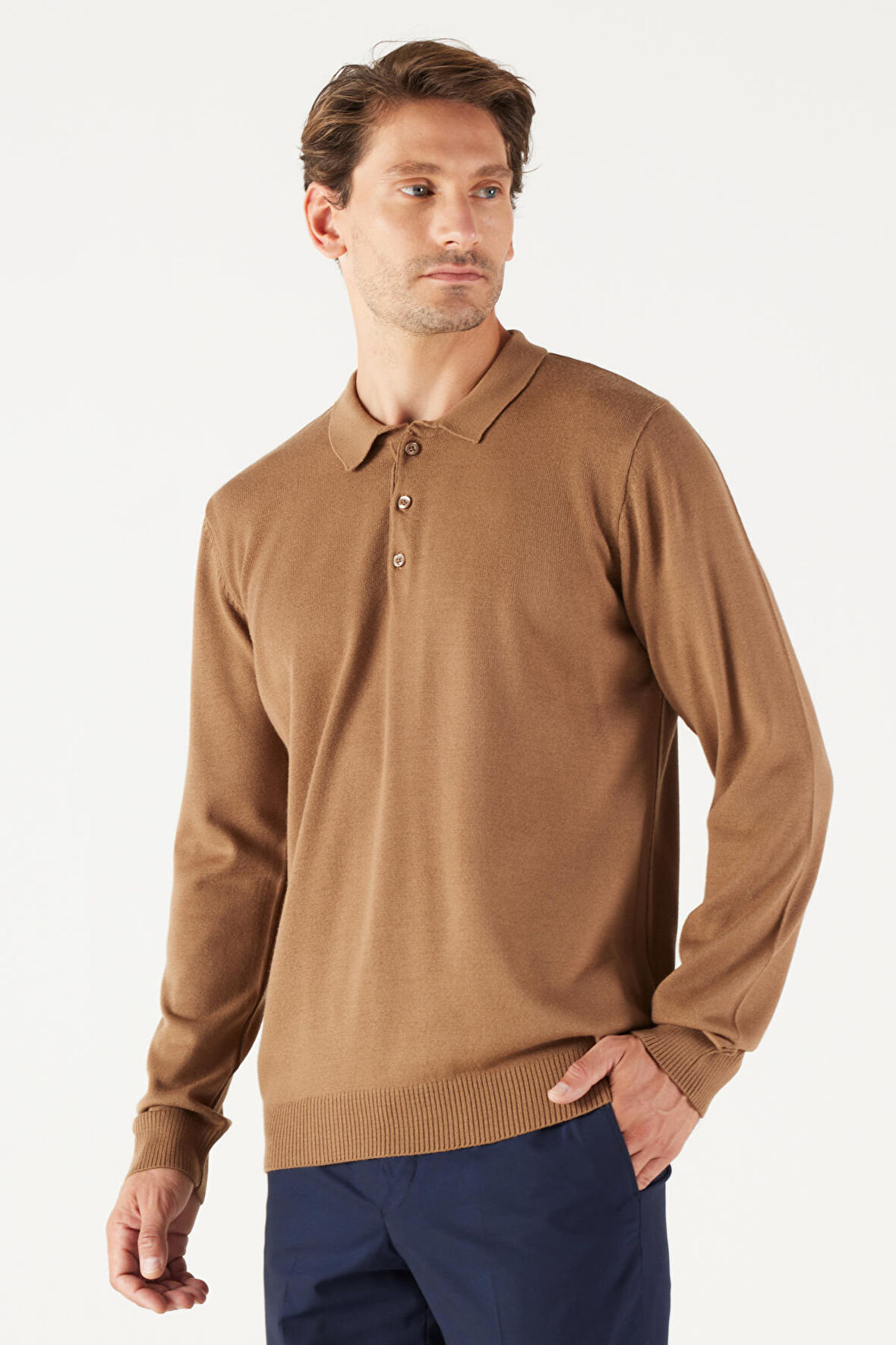 Erkek Vizon Tüylenme Yapmayan Anti Pilling Kumaş Standart Fit Normal Kesim Polo Yaka Triko Kazak