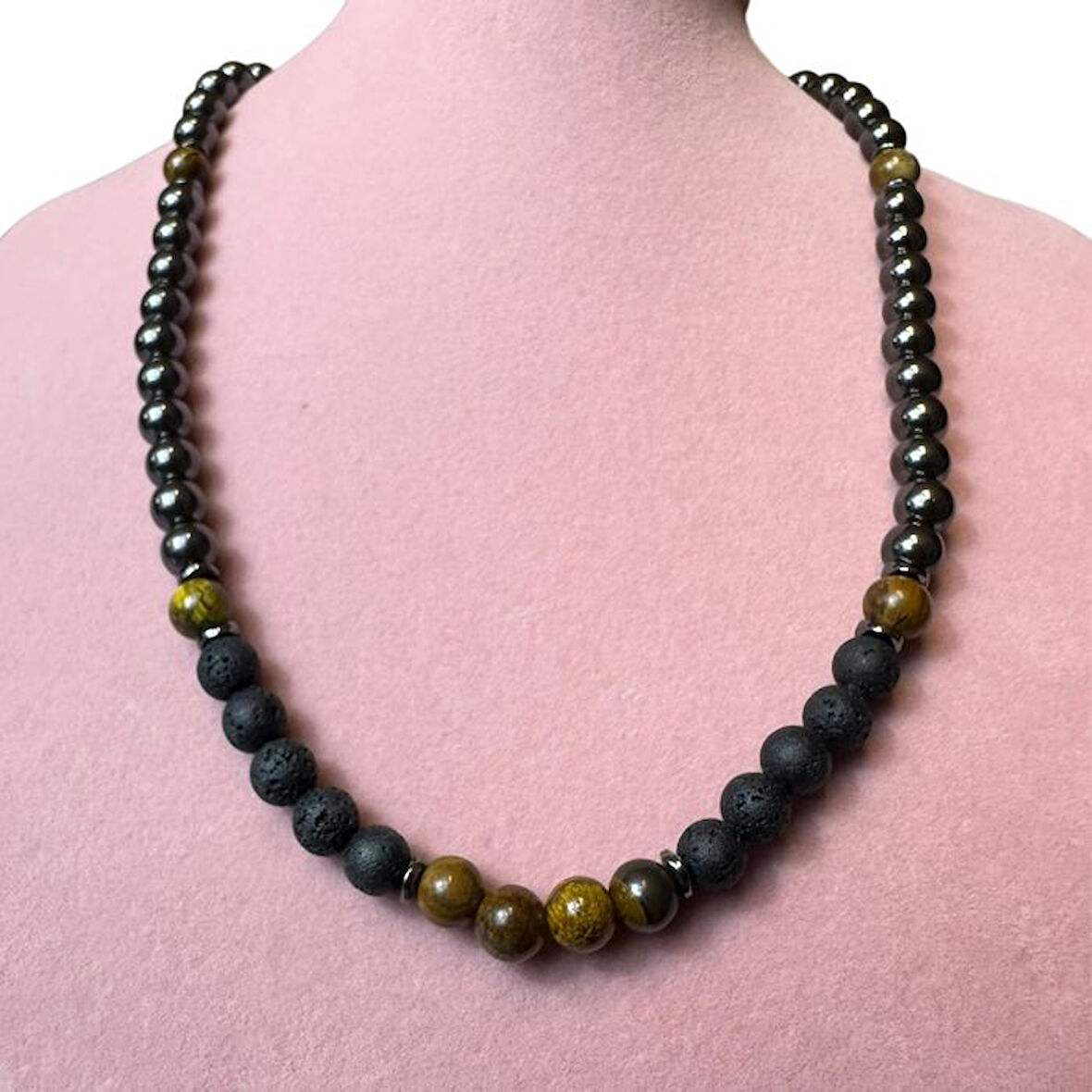 Uretti - Özlem 9422 3912 El Yapımı Lav Taşı - Hematit ve Kaplan Gözü Doğal Taş Kolye