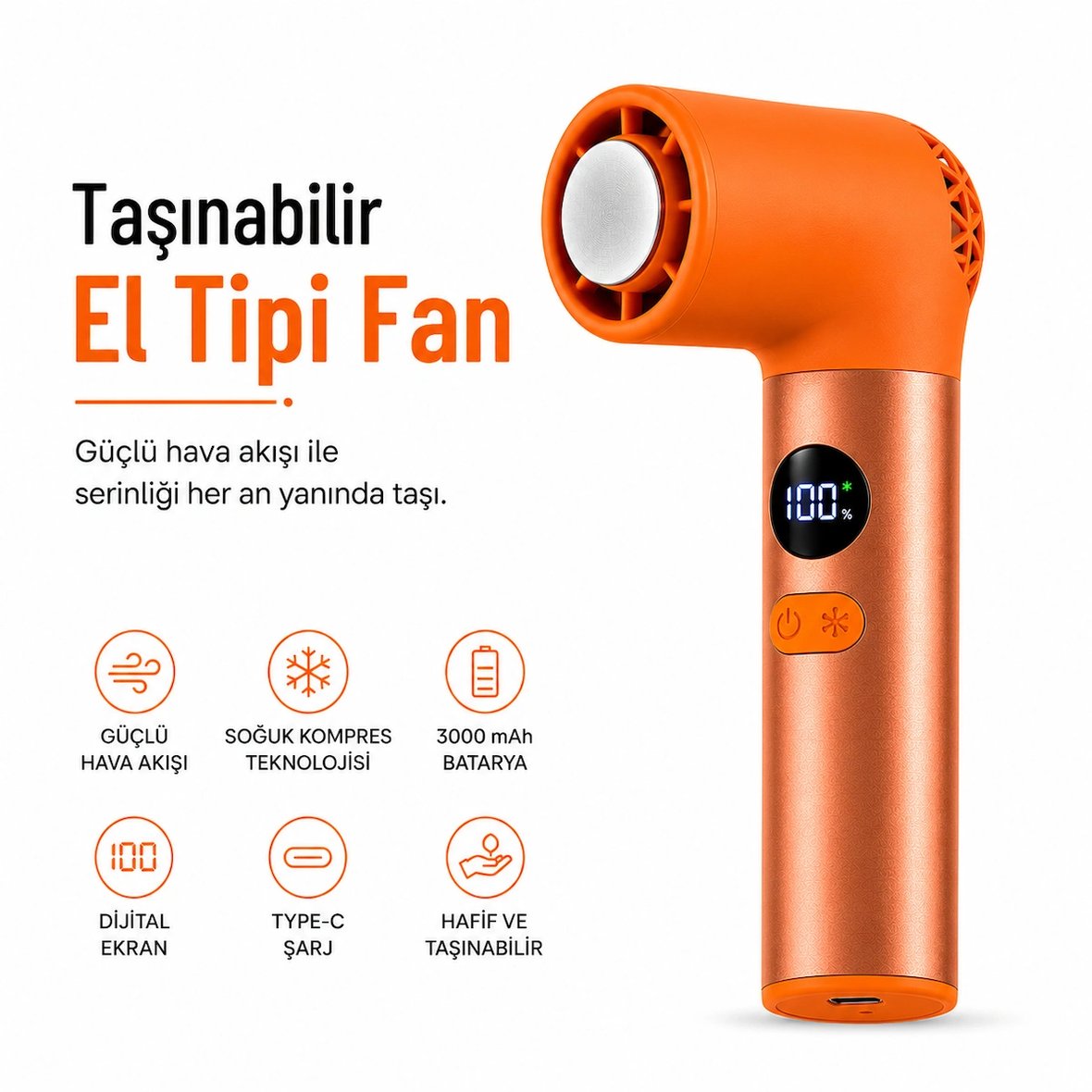 Soğuk Kompres Özellikli Şarjlı El Vantilatörü, 3000 mAh Bataryalı, Dijital Ekranlı, Type-C Şarjlı Taşınabilir Mini Fan