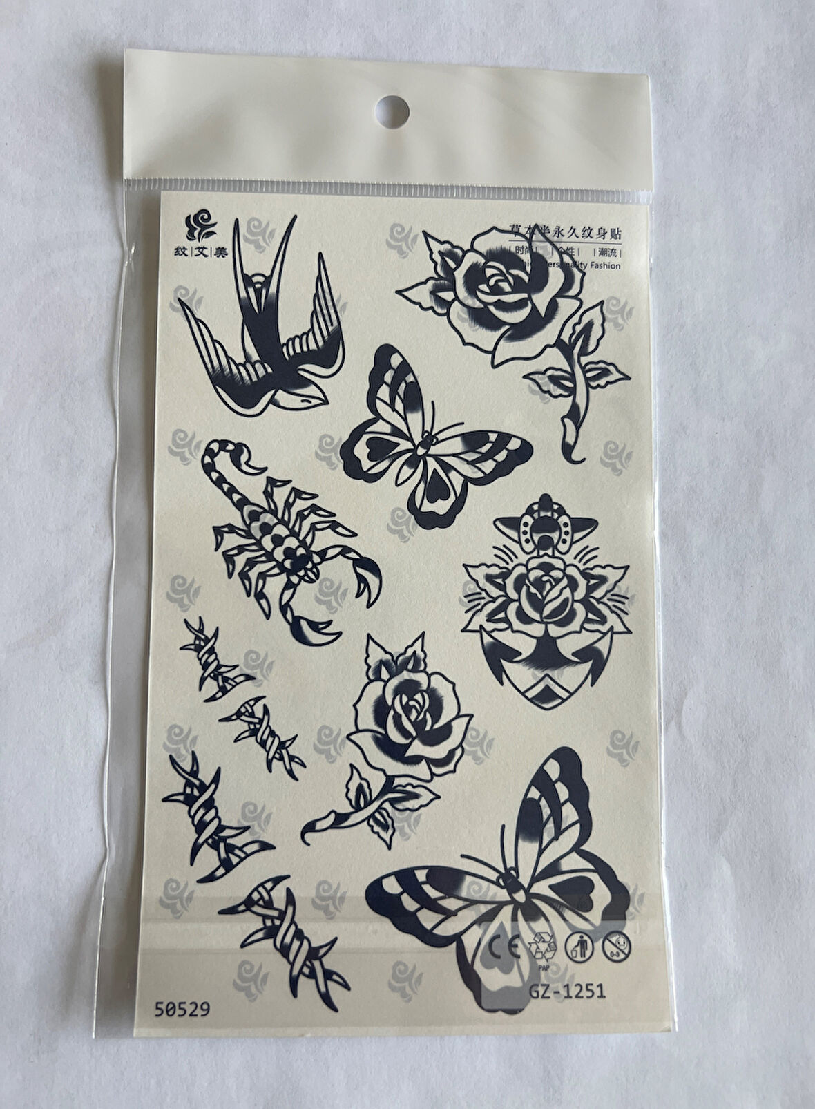 Akrep Kuş Kelebek Gül 18x11 cm Yarı Kalıcı Geçici Dövme