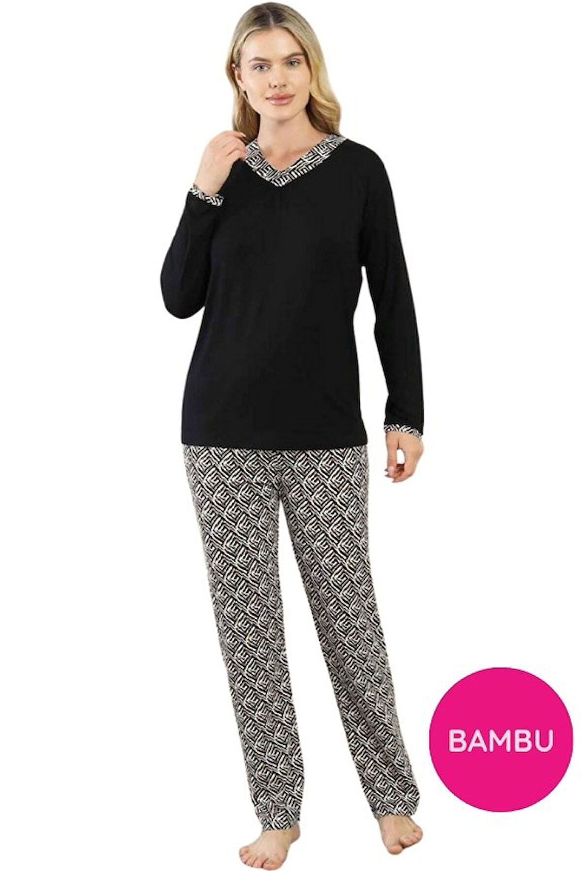 Kadın Düğmesiz V Yaka Siyah Etnik Desenli 3 Düğmeli Likralı Bambu Mevsimlik Uzun Kol Pijama Takımı