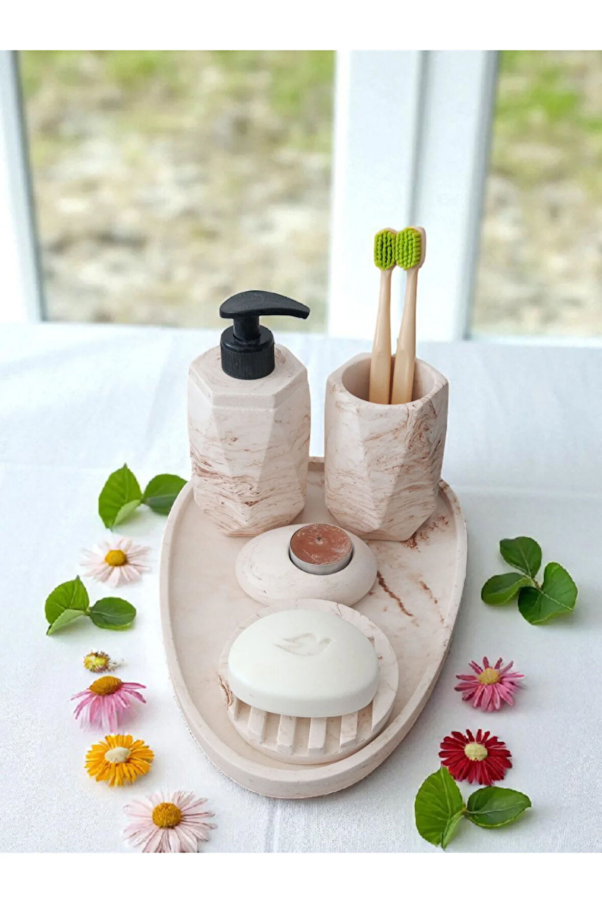 5'lİ Mermer Desenli Beton Banyo Seti , Sıvı Sabunluk Diş Fırçalığı Aksesuar