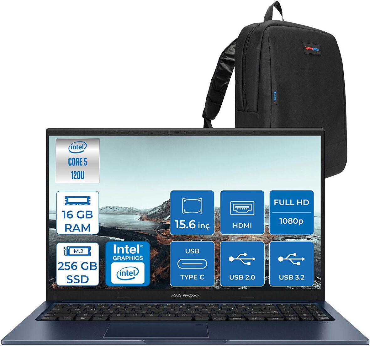 Asus Vivobook X1504VA 15 1.nesil Core 5 120U-16GB-256GB SSD Fhd 15.6inc-Freedos Taşınabilir Bilgisayar ZNJ2861F01+ZETTAÇANTA