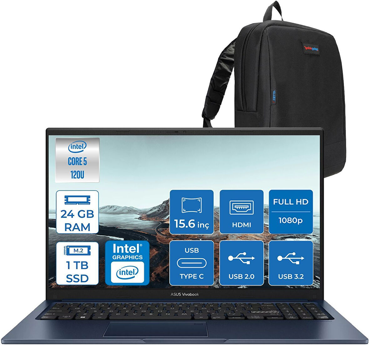 Asus Vivobook X1504VA 15 1.nesil Core 5 120U-24GB-1TB SSD Fhd 15.6inc-Freedos Taşınabilir Bilgisayar ZNJ2861F08+ZETTAÇANTA