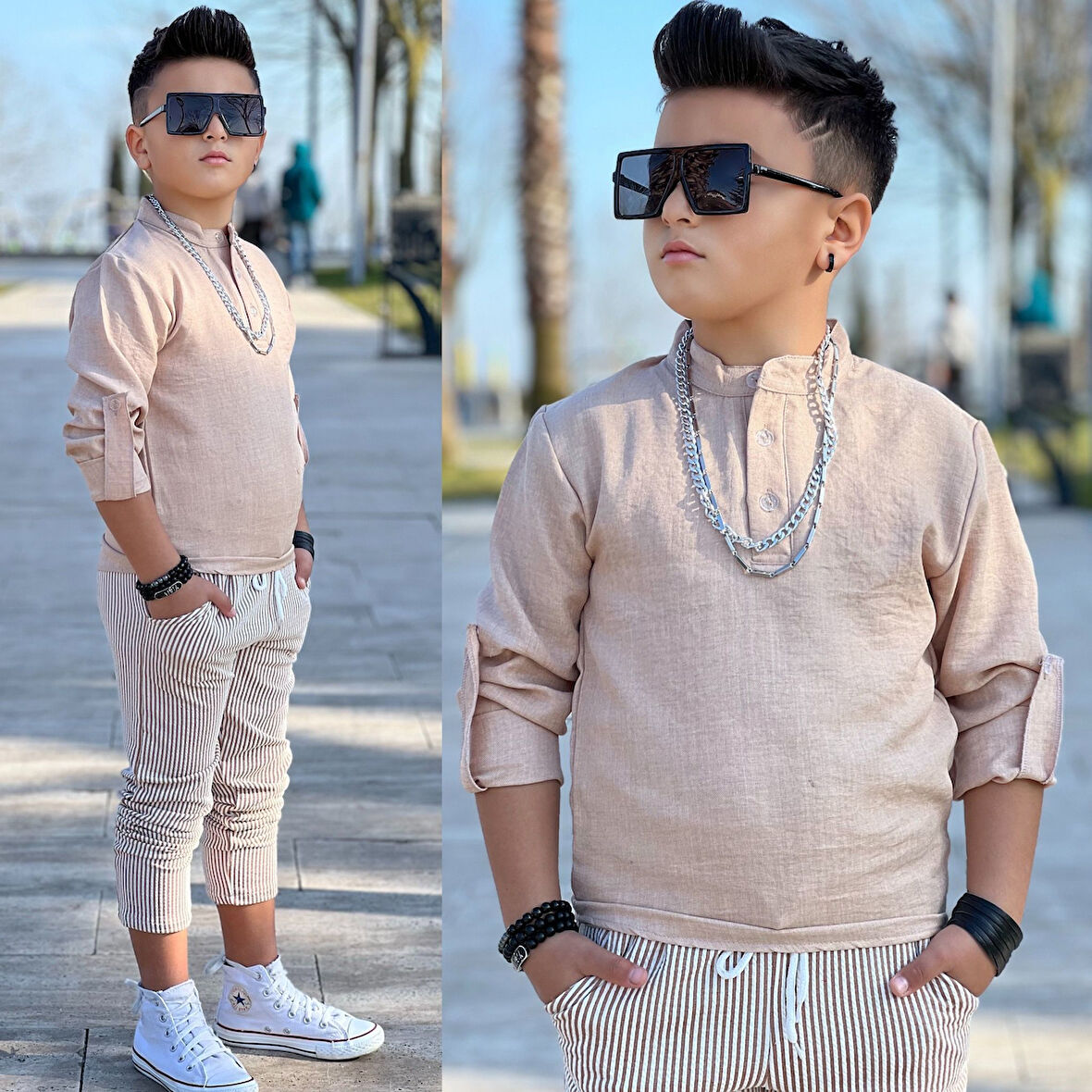 MODAVALS HAKİM YAKA KOL KATLAMALI BADİ & BELİ LASTİKLİ BAĞCIKLI CEPLİ ÇİZGİLİ PANTOLON & ZİNCİR AKSESUAR 3 PARÇA ERKEK ÇOCUK KETEN ALT ÜST TAKIM