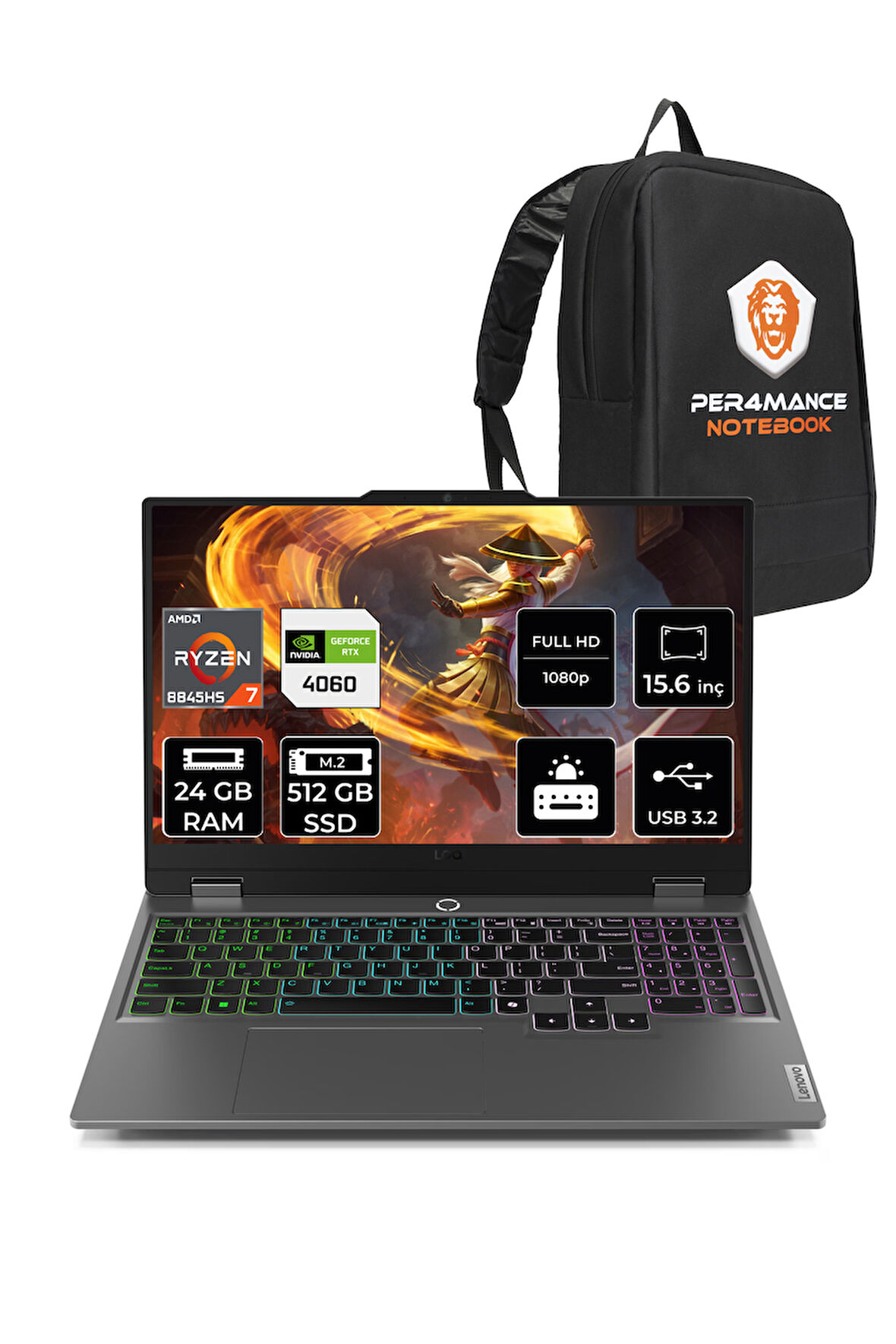 Lenovo LOQ AI R7 8845HS 24GB 512GB SSD RTX4060/8GB 115W FHD 15.6" FDOS Gaming Laptop & PER4 ÇANTA