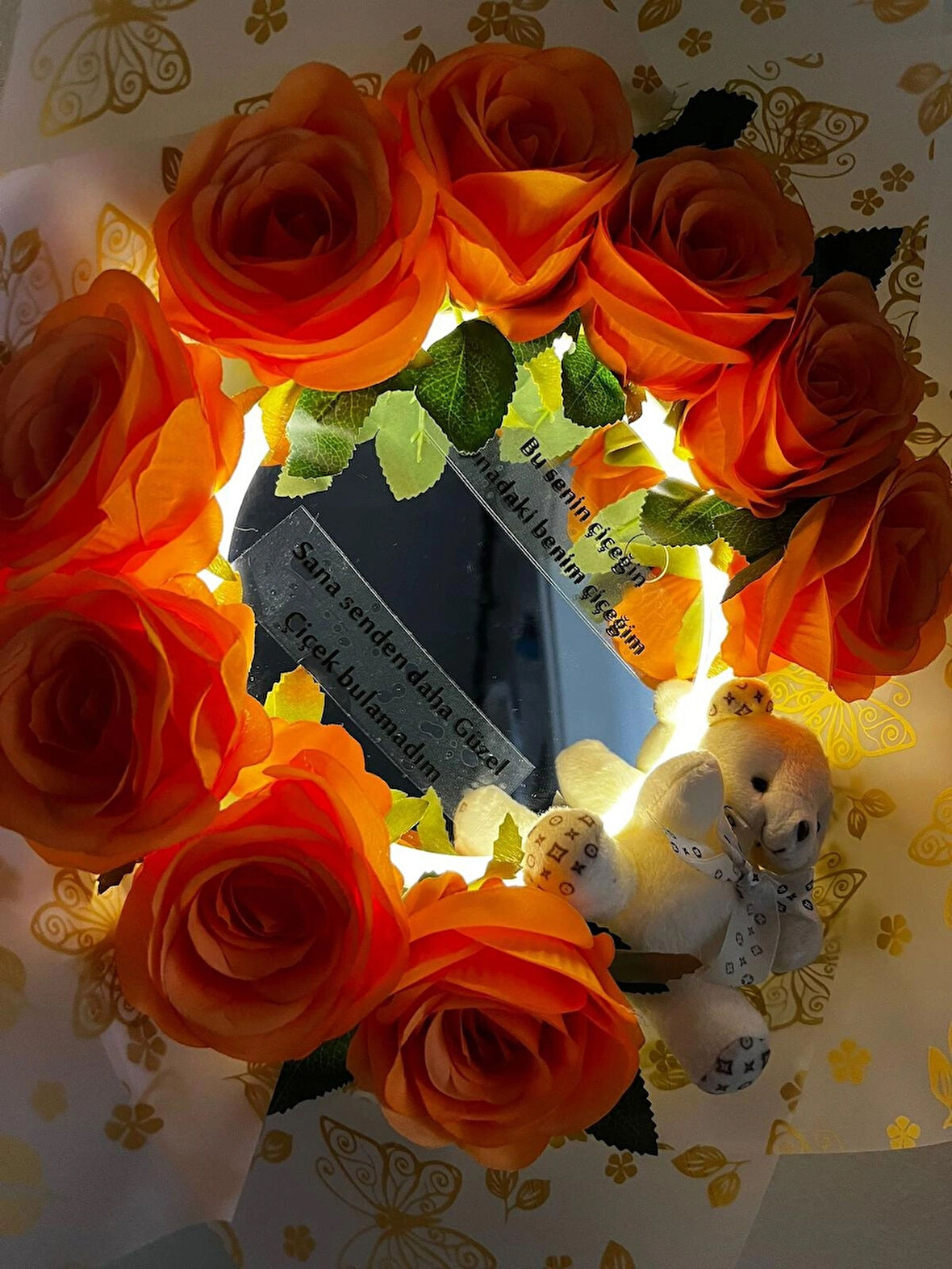 KAYZEN ayıcıklı turuncu güllü aynalı buket