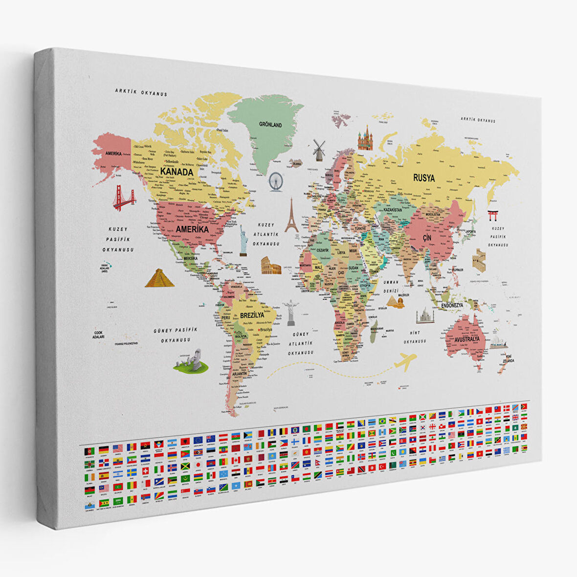 Harita Sepeti Türkçe Dünya Haritası Ayrıntılı Eğitici Sembollü Bayraklı Dekoratif Kanvas Tablo 2864