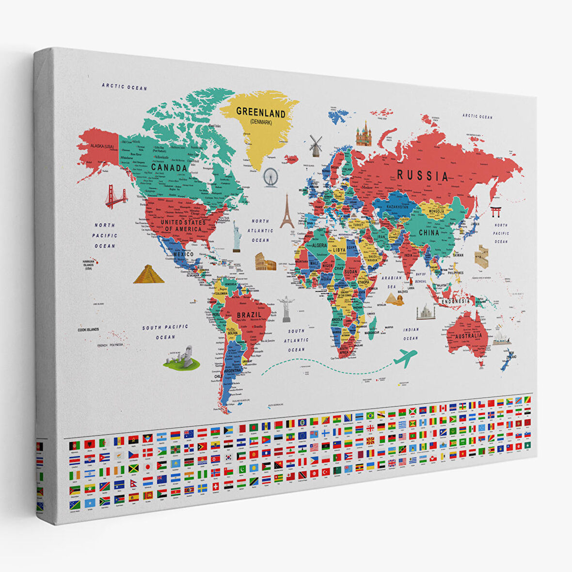Harita Sepeti Dünya Haritası Ayrıntılı Eğitici Sembollü Bayraklı Dekoratif Kanvas Tablo 2865