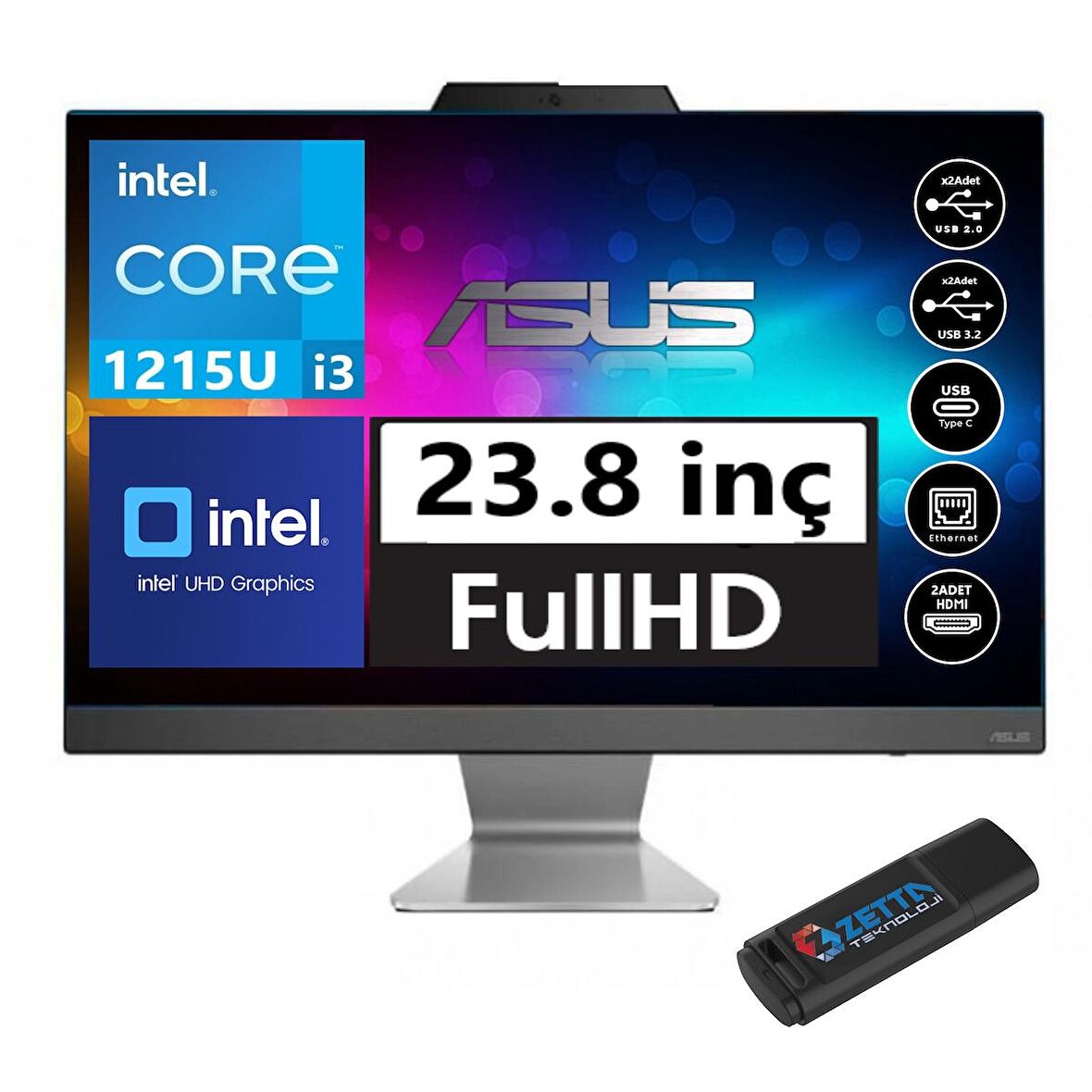Asus A3402WBAK-I38512B0 Intel Core İ3-1215U 8gb 2tb SSD Fhd  23.8'' Windows11Home All-In-One Masaüstü Bilgisayar AI38512B0H04+ZETTAUSBBELLEK