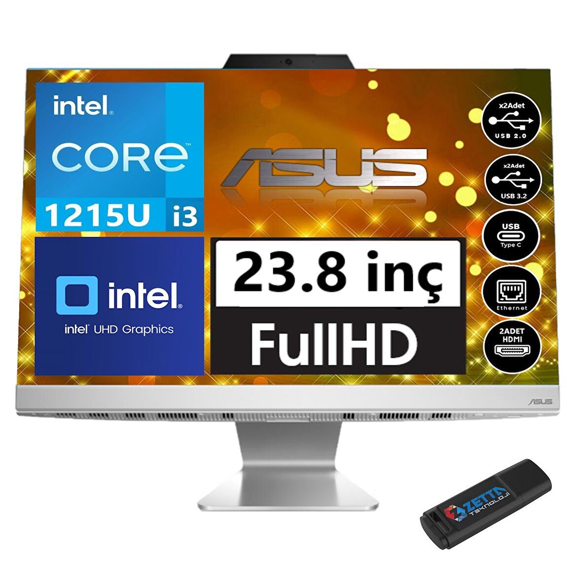 Asus A3402WBAK-WPC007M Intel Core İ3-1215U 8gb 512GB SSD Fhd  23.8'' Windows11Pro All-In-One Masaüstü Bilgisayar WPC007MW03+ZETTAUSBBELLEK