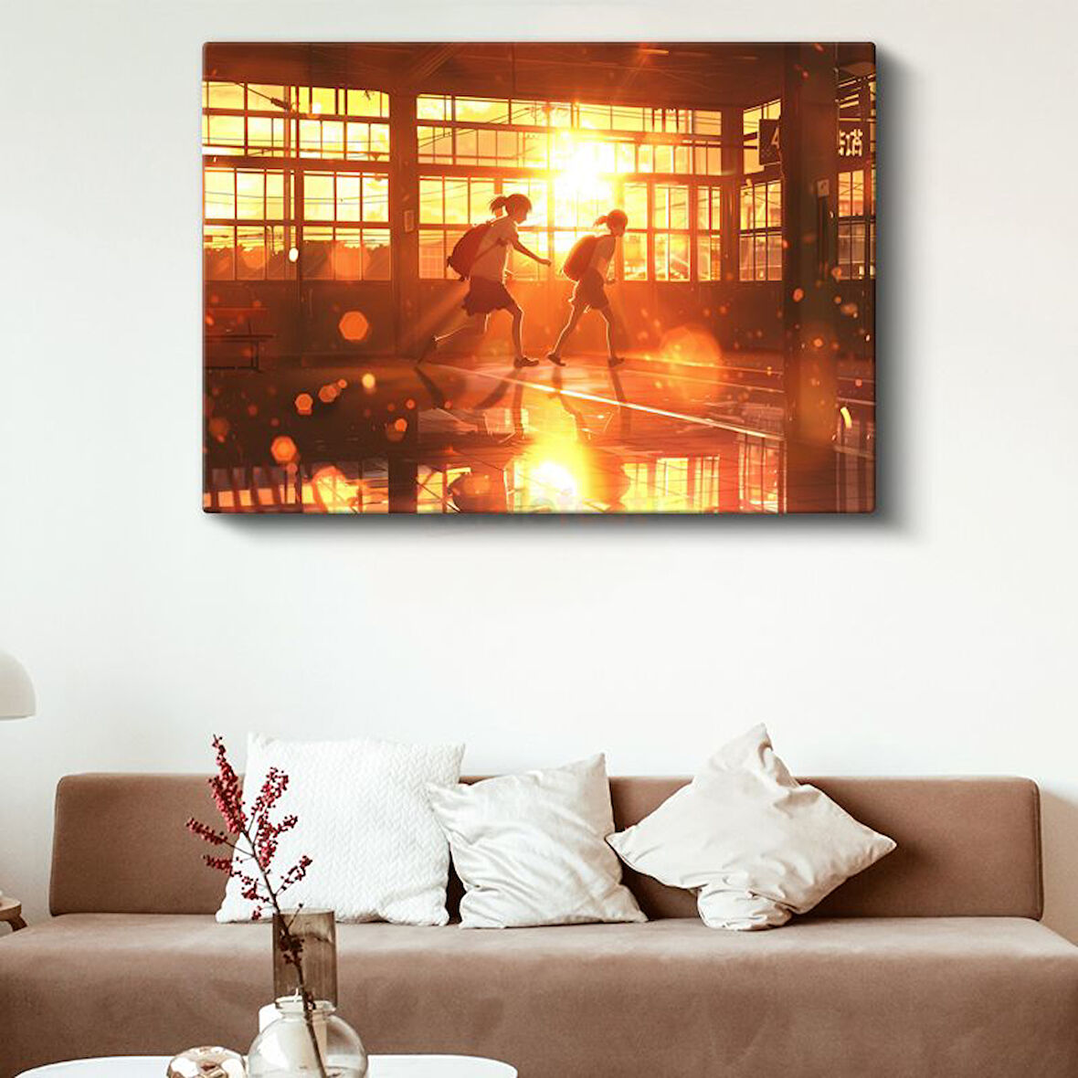 Okul Koridoru - Altın Günbatımı Anime Kanvas Tablo