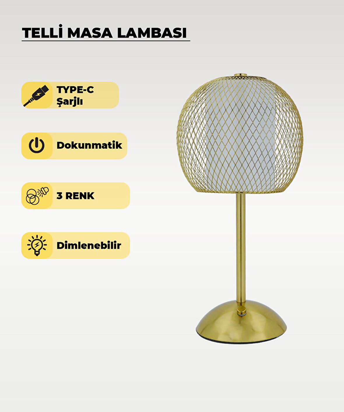 Gold Telli Masa Lambası - Dokunmatik - 3 Renk Işık