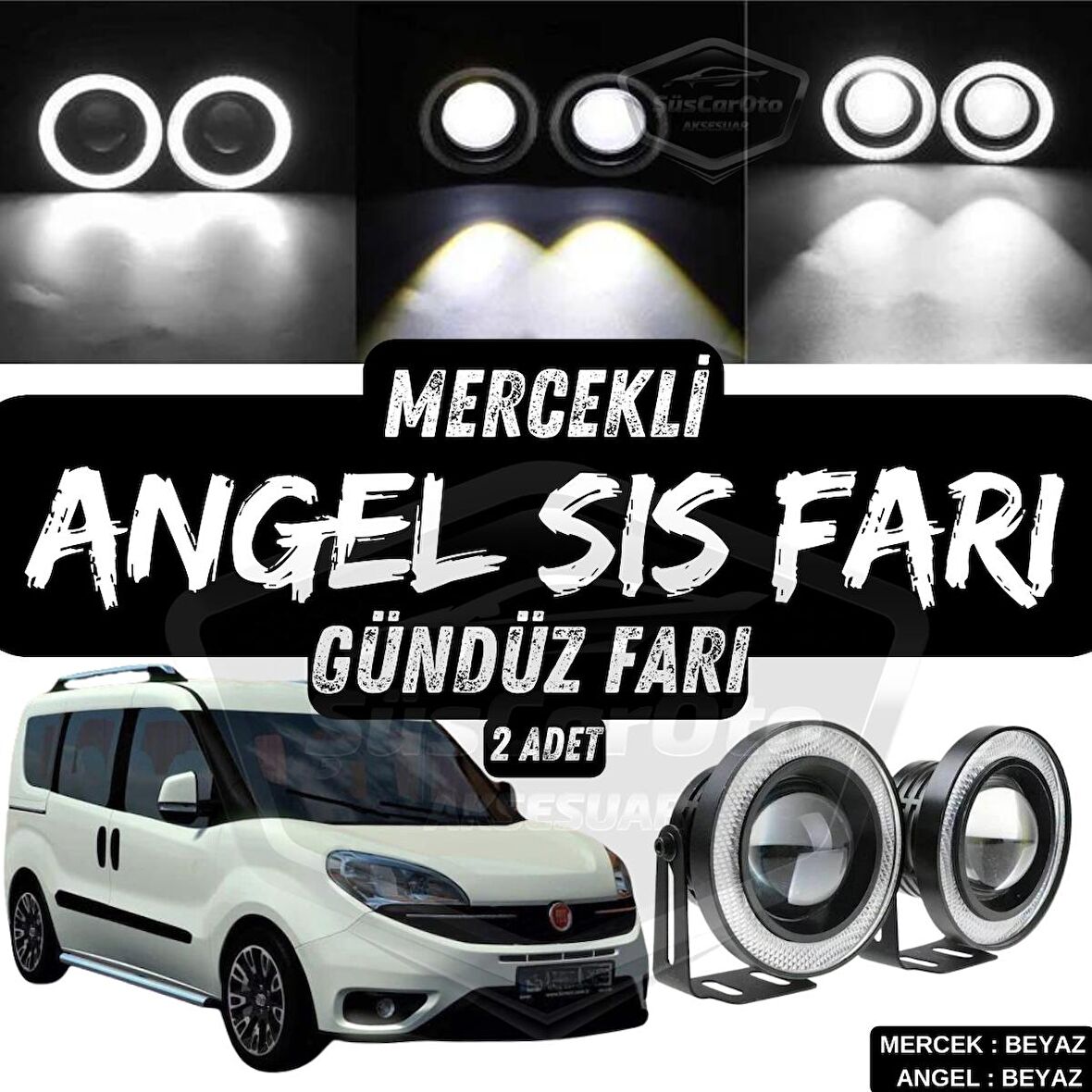 Fiat Doblo D4 2015-2021 Uyumlu Üniversal Mercekli Angel Sis Farı Metal Su Geçirmez 76 mm Beyaz Halkalı Gündüz Farı Angel Eyes 2 Adet