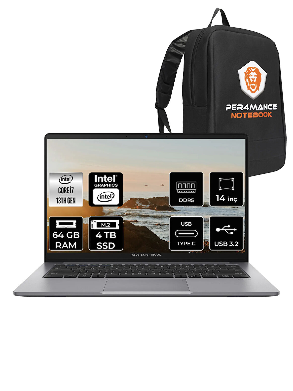 Asus ExpertBook P1 Intel Core i7 13620H 64GB 4TB SSD 14" FHD FDOS Taşınabilir Bilgisayar & PER4 Çanta
