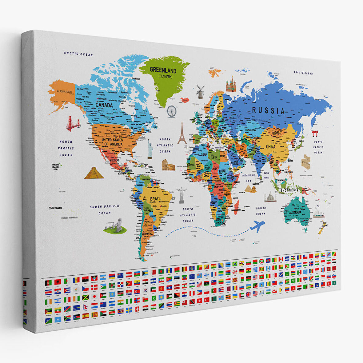 Harita Sepeti Dünya Haritası Ayrıntılı Eğitici Sembollü Bayraklı Dekoratif Kanvas Tablo 2885