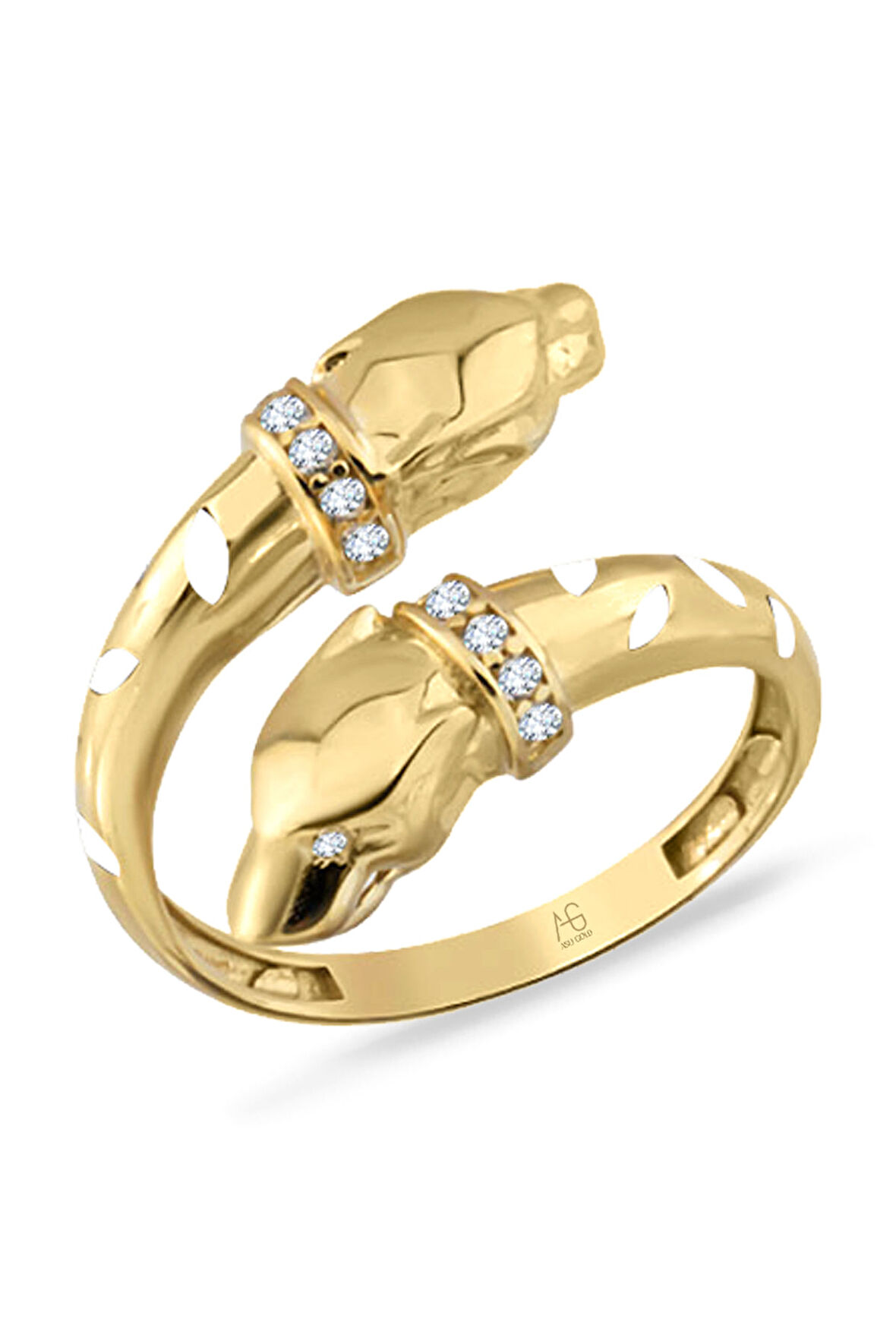 Beyaz Mineli Çift Başlı Altın Panter Yüzük