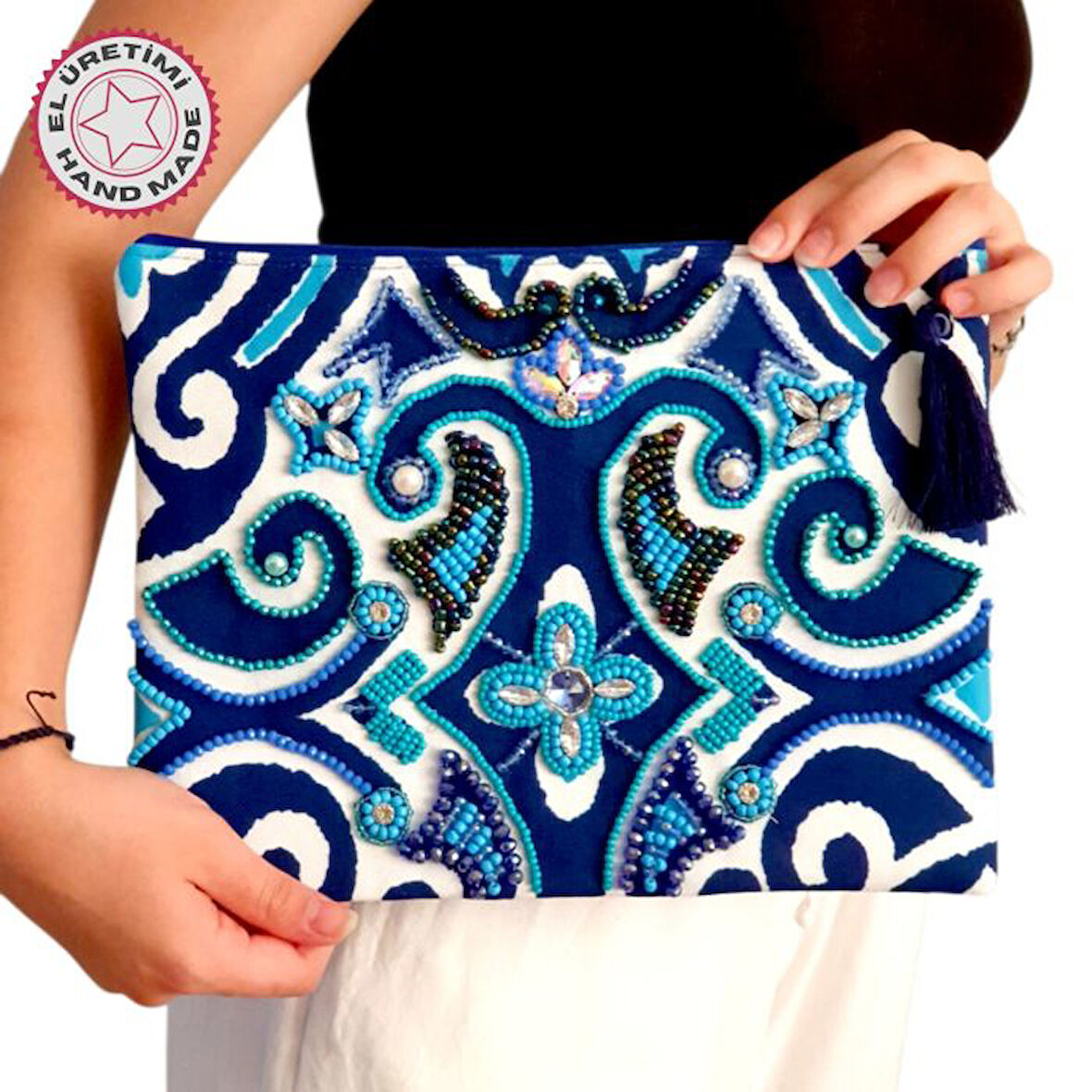 Uretti - Sümeyya 2589 5245 El Yapımı Mavi Renk Etnik Desenli Boncuk İşlemeli Clutch Çanta