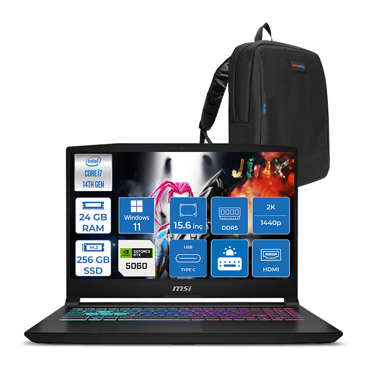 Msı Katana 15 Hx B14WFK-449XTR 14. Nesil Intel İ7-14650HX 24GB Ddr5 256GB SSD 8GB/RTX5060 115W 15.6" Qhd 2560X1440 165Hz IPS Windows 11 Pro Taşınabilir Bilgisayar. W449XTRP01+ZETTAÇANTA