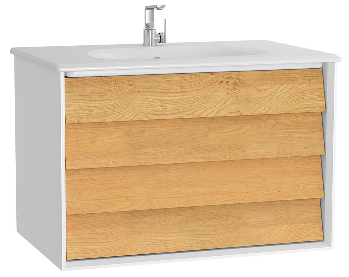 VitrA Frame 61228 Lavabo Dolabı, Çift Çekmeceli, Etajerli Lavabolu, 80 cm, Mat S. Beyaz - Dore Meşe