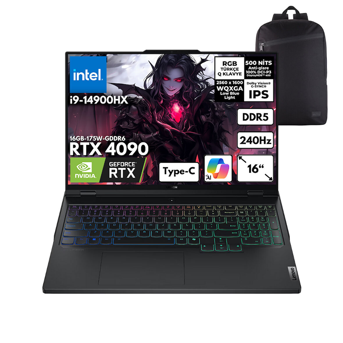Lenovo Legion Pro 7 16IRX9H i9-14900HX 32-GBDDR5 4 TBSSD RTX4090 (16GB-175W-GDDR6) 16" WQXGA 240Hz Windows 11 Home + HMF Sırt Çantası 83DE002KTRHMF3