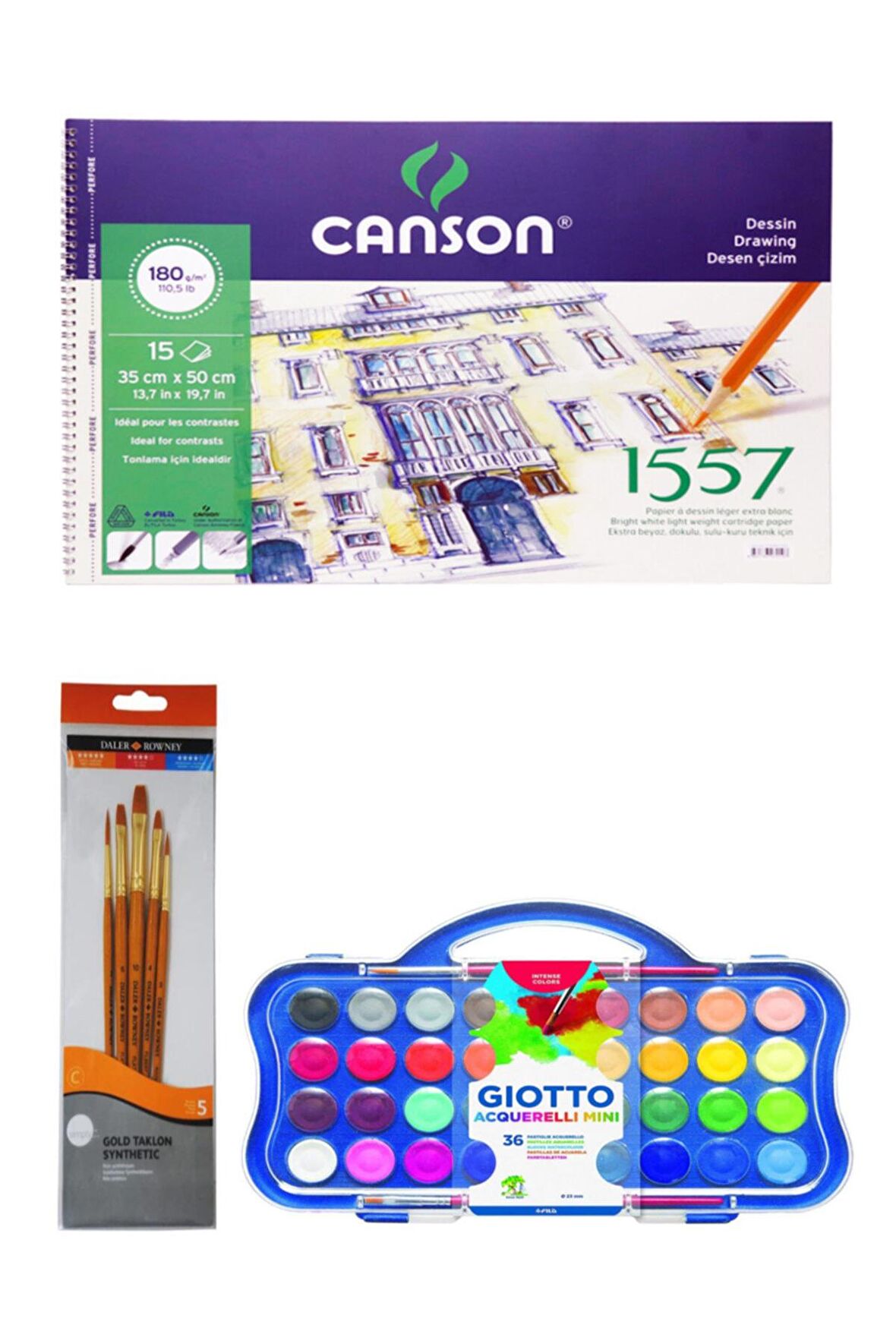 Canson 1557 Resim Defteri 35x50cm 180 Gram 15 Yaprak Giotto 36 Lı Suluboya Seti