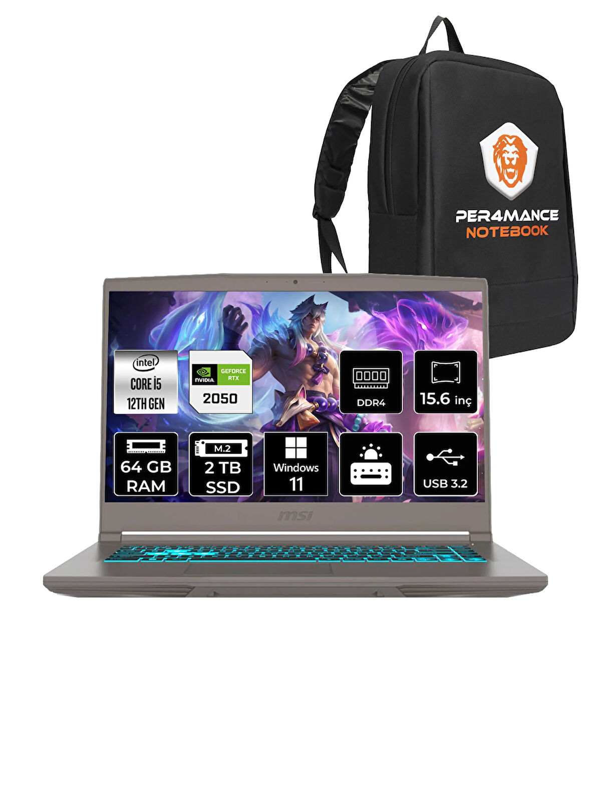 MSI Thin 15 i5 12450H 64GB 2TB SSD RTX2050/4GB 15.6" FHD 144HZ W11P B12UCX20TR & PER4 ÇANTA