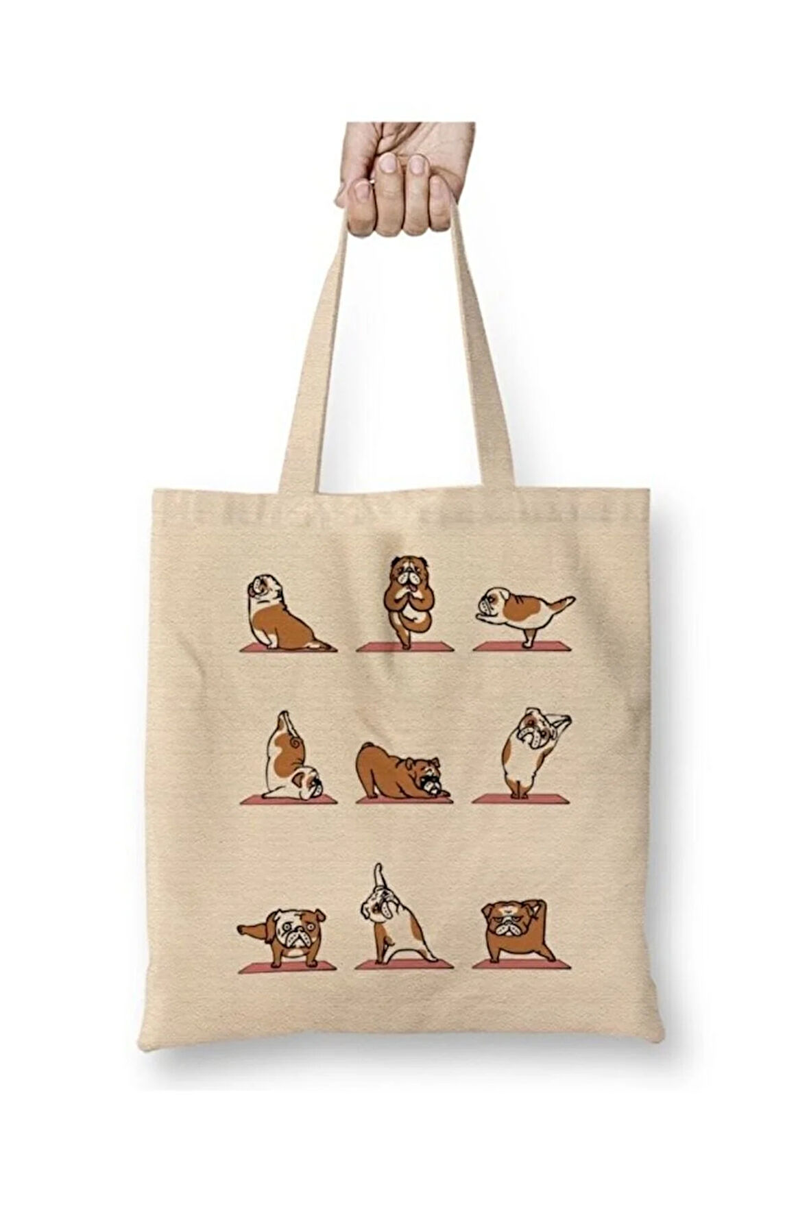 Bulldog Yoga Pug Köpek Bez Çanta Uzun Saplı Alışveriş Çantası Plaj Çantası