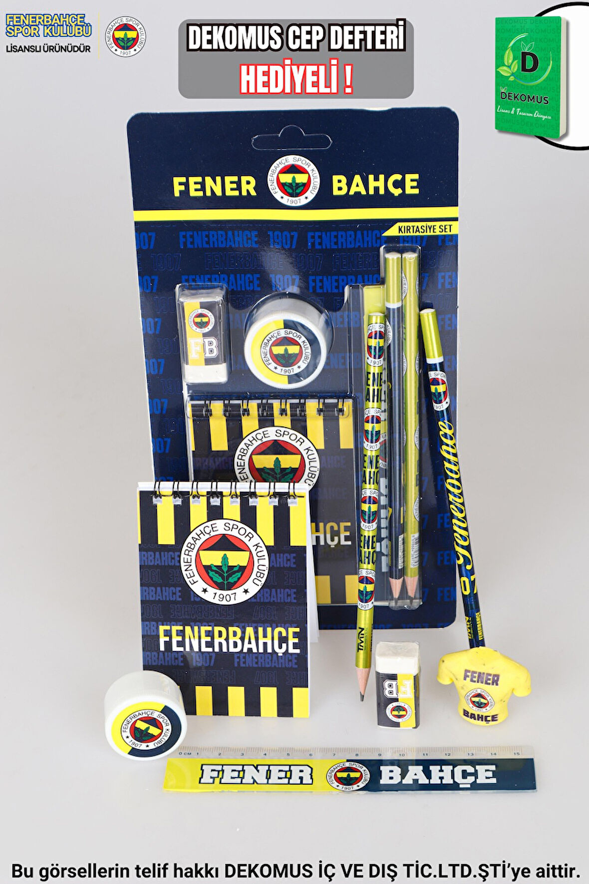 "DEKOMUS CEP DEFTERİ HEDİYELİ" YENİ SEZON LİSANSLI FENERBAHÇE 7'Lİ KIRTASİYE SETİ NOT DEFTERİ,2 ADET SİLGİ,CETVEL,KALEMTRAŞ,2 ADET KURŞUN KALEM