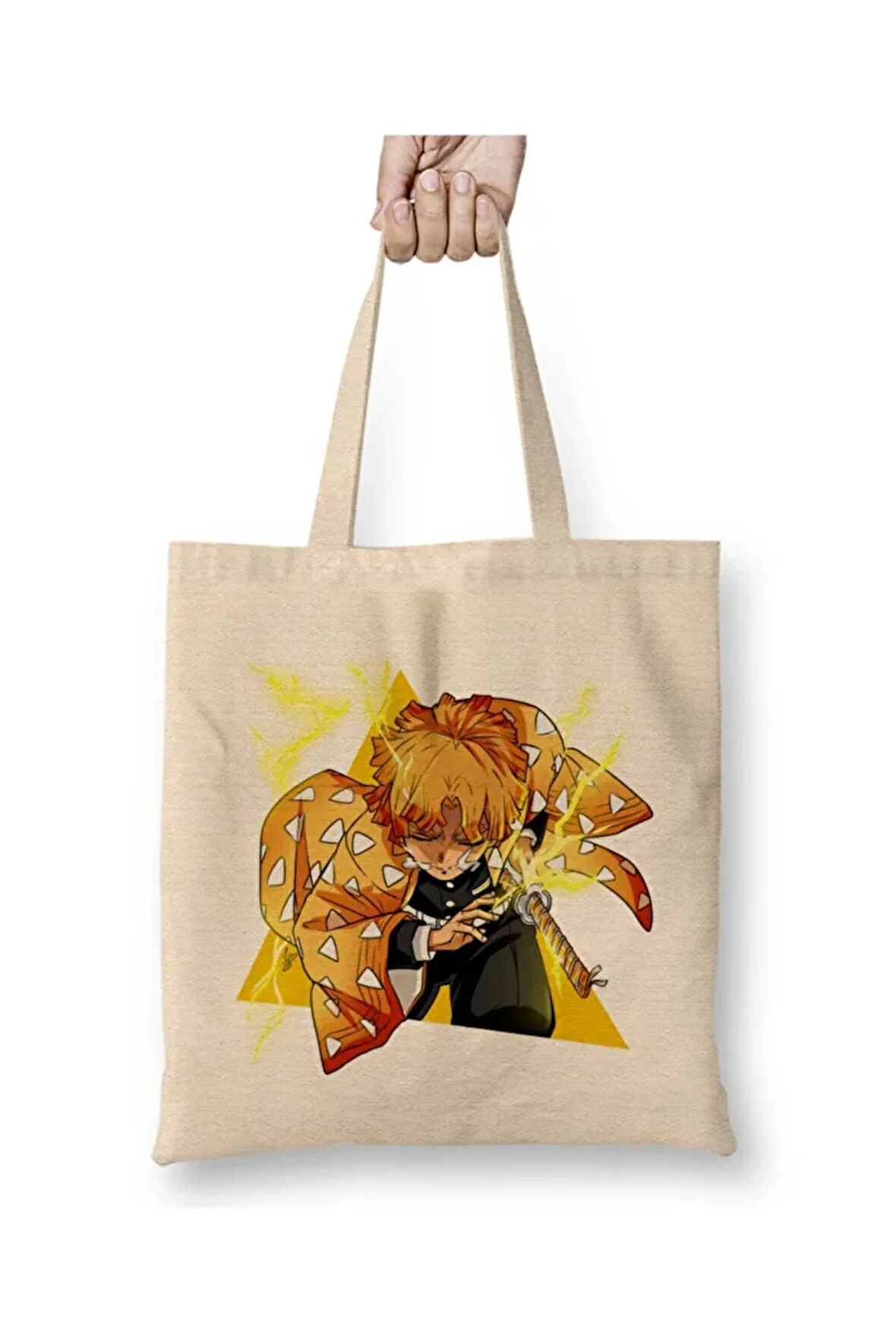 Demon Slayer Zenitsu İblis Keser Anime Bez Çanta Uzun Saplı Alışveriş Çantası Plaj Çantası