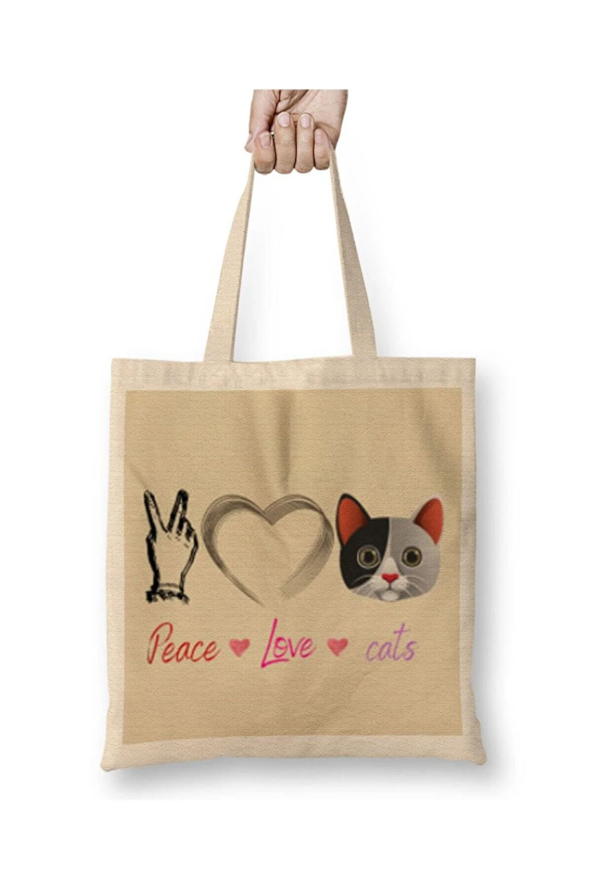 Peace Love Cats Beyaz Bez Çanta Uzun Saplı Alışveriş Çantası Plaj Çantası