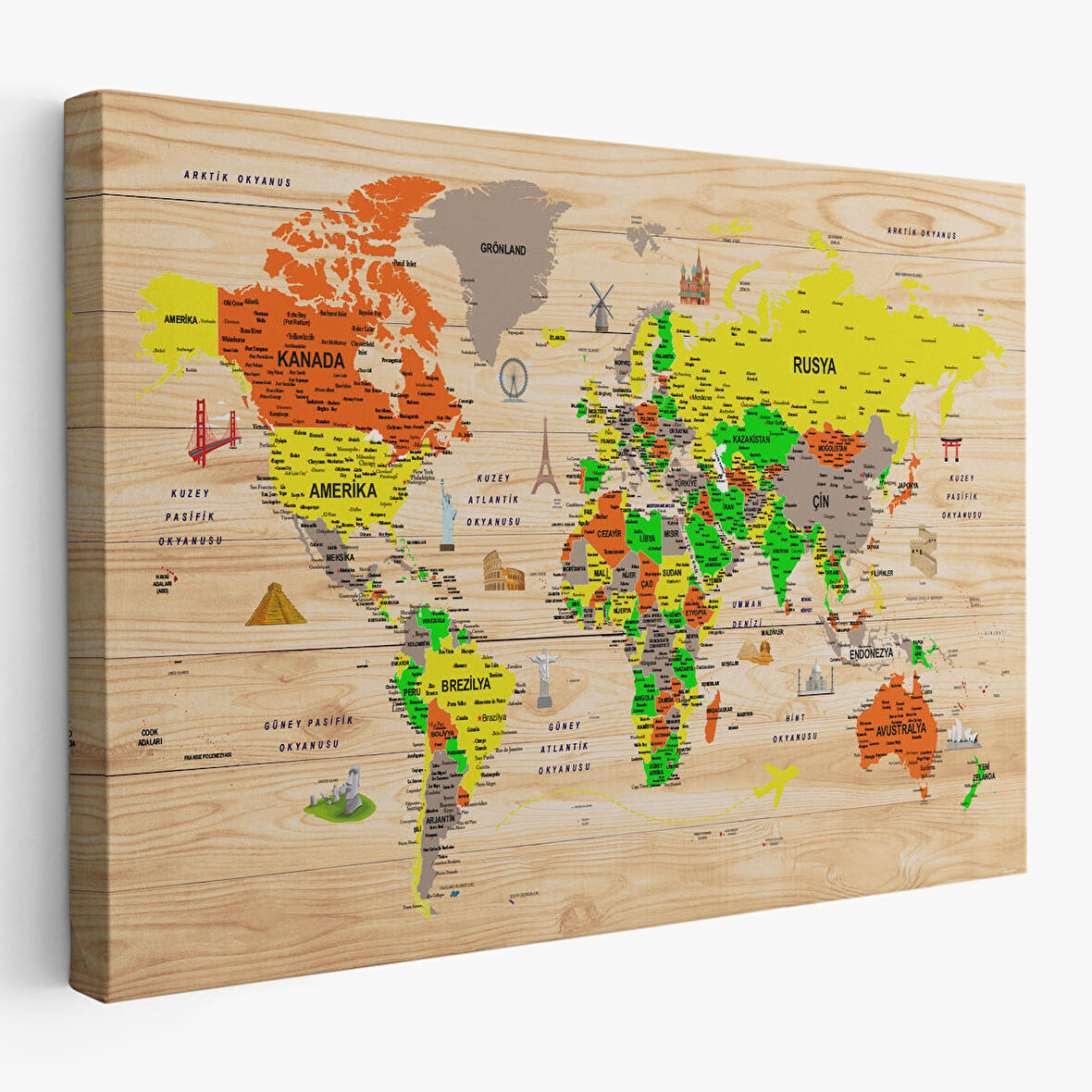 Harita Sepeti Ahşap Görünümlü Türkçe Dünya Haritası Sembollü Eğitici Dekoratif Kanvas Tablo 2893