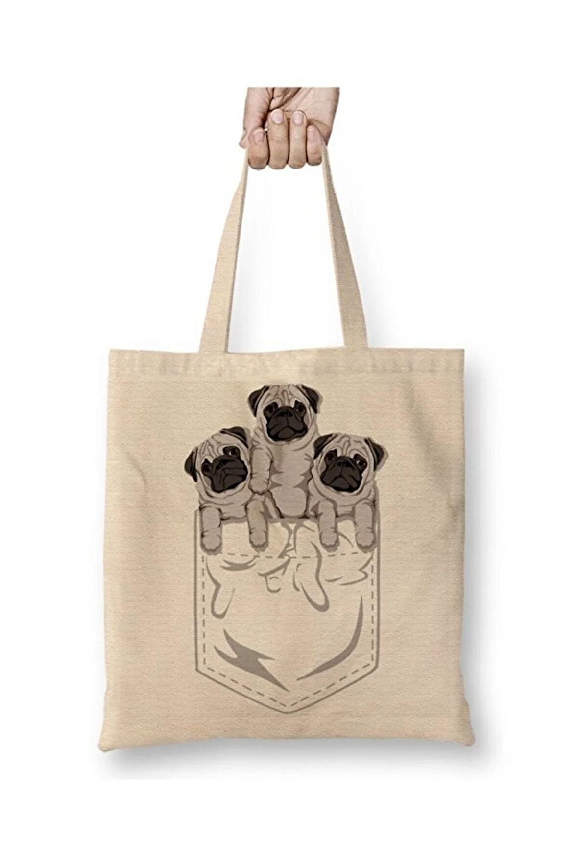 Cepte Pug Cepte Köpek Bez Çanta Uzun Saplı Alışveriş Çantası Plaj Çantası