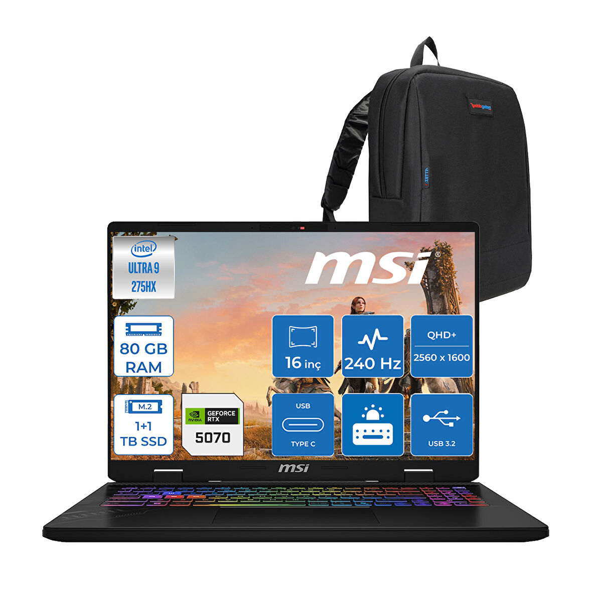 Msı Crosshaır 16 Hx Aı WD2XWGKG Intel Core Ultra 9-275HX  Aı 80GB GB 1tb+1tb SSD 8GB/RTX5070 115W 16″ 16:10 QHD+(2560 x 1600), 240Hz IPS Freedos Taşınabilir Bilgisayar W047XTRF44+ZETTAÇANTA