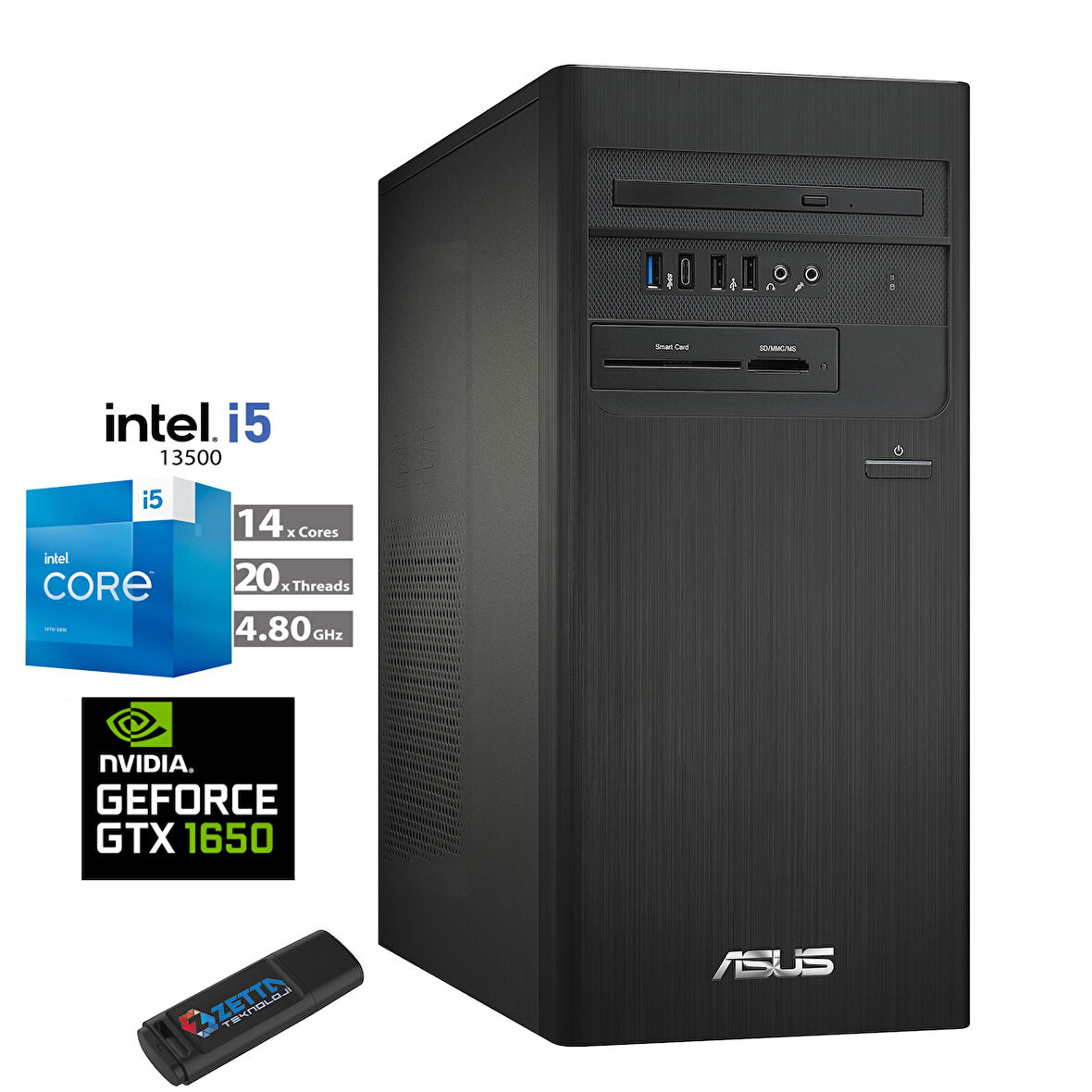 Asus Expertcenter Intel I5 13500 8gb 512GB SSD 4GB/GTX1650 WINDOWS11HOME Masaüstü Blgisayar C1S500TE-5135000020W22+ZETTAUSBBELLEK