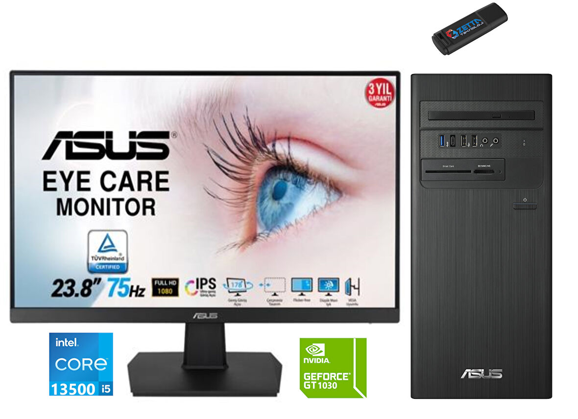 Asus Expertcenter Intel I5 13500 64GB 256GB SSD 4GB/GT1030 Fhd 23.8 Monitör Freedos Masaüstü Blgisayar E1S500TE-5135000020W16+ZETTAUSBBELLEK