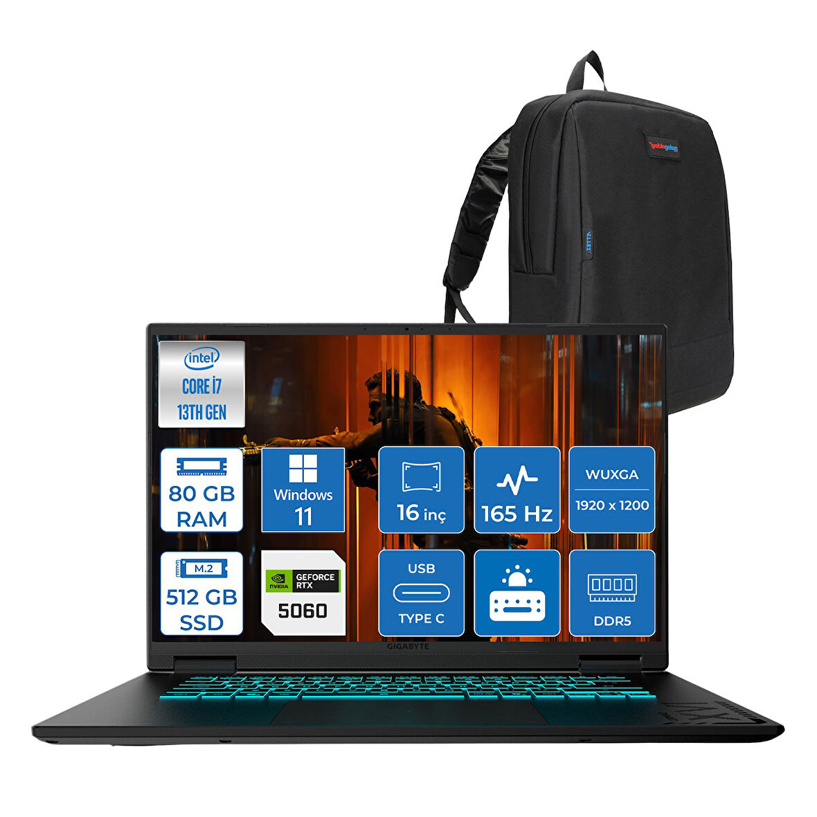 Gıgabyte Gamıng A16CVH Intel® Core™ I7-13620H Ddr5 80GB 512GB SSD 16INÇ 8GB/RTX5060 IPS Wuxga (1920X1200) 165Hz, 300NITS WINDOWS11PRO Gaming Laptop WA16CVHP33+ZETTAÇANTA