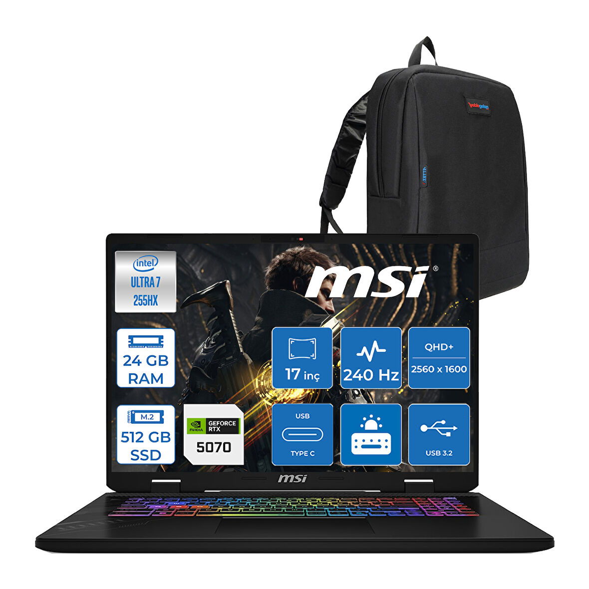 Msı Crosshaır 17 Hx Aı WD2XWGKG Intel Core Ultra 7-255HX  Aı 24GB GB 512GB SSD 8GB/RTX5070 115W 17″ 16:10 QHD+(2560 x 1600), 240Hz IPS Freedos Taşınabilir Bilgisayar W018XTRF01+ZETTAÇANTA