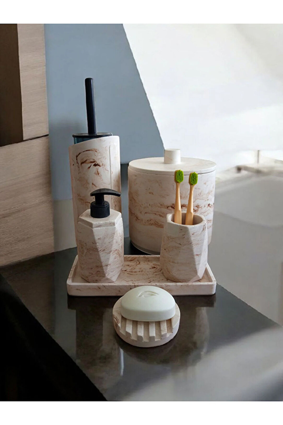 Mermer Desen Bej Çöp Kovasi,banyo Seti Tuvalet Wc Sıvı Sabunluk Diş Fırçalığı Beton Aksesuar Takım