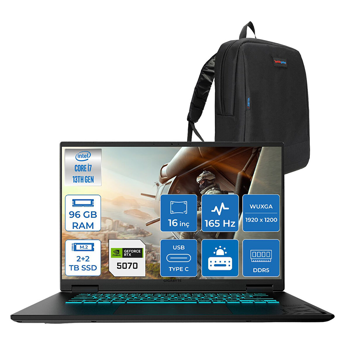 Gıgabyte Gamıng A16CWH Intel® Core™ I7-13620H Ddr5 96GB 2tb Ssd+2tb 16INÇ 8GB/RTX5060 IPS Wuxga (1920X1200) 165Hz, 300NITS Freedos Gaming Laptop WA16CWHF46+ZETTAÇANTA
