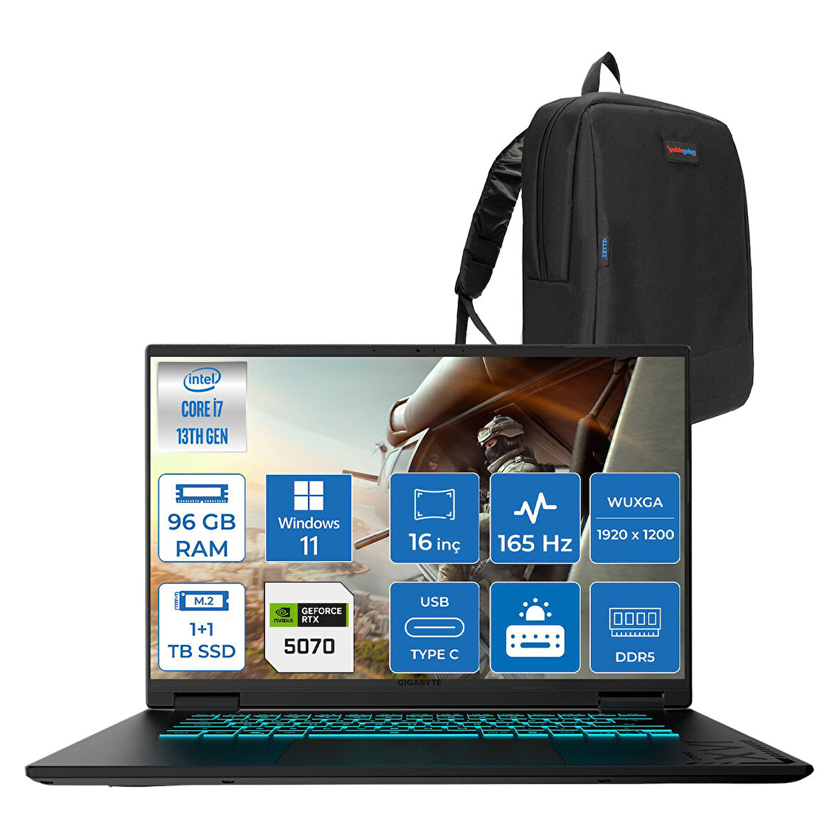 Gıgabyte Gamıng A16CWH Intel® Core™ I7-13620H Ddr5 96GB 1tb Ssd+1tbssd 16INÇ 8GB/RTX5060 IPS Wuxga (1920X1200) 165Hz, 300NITS WINDOWS11HOME Gaming Laptop WA16CWHH44+ZETTAÇANTA