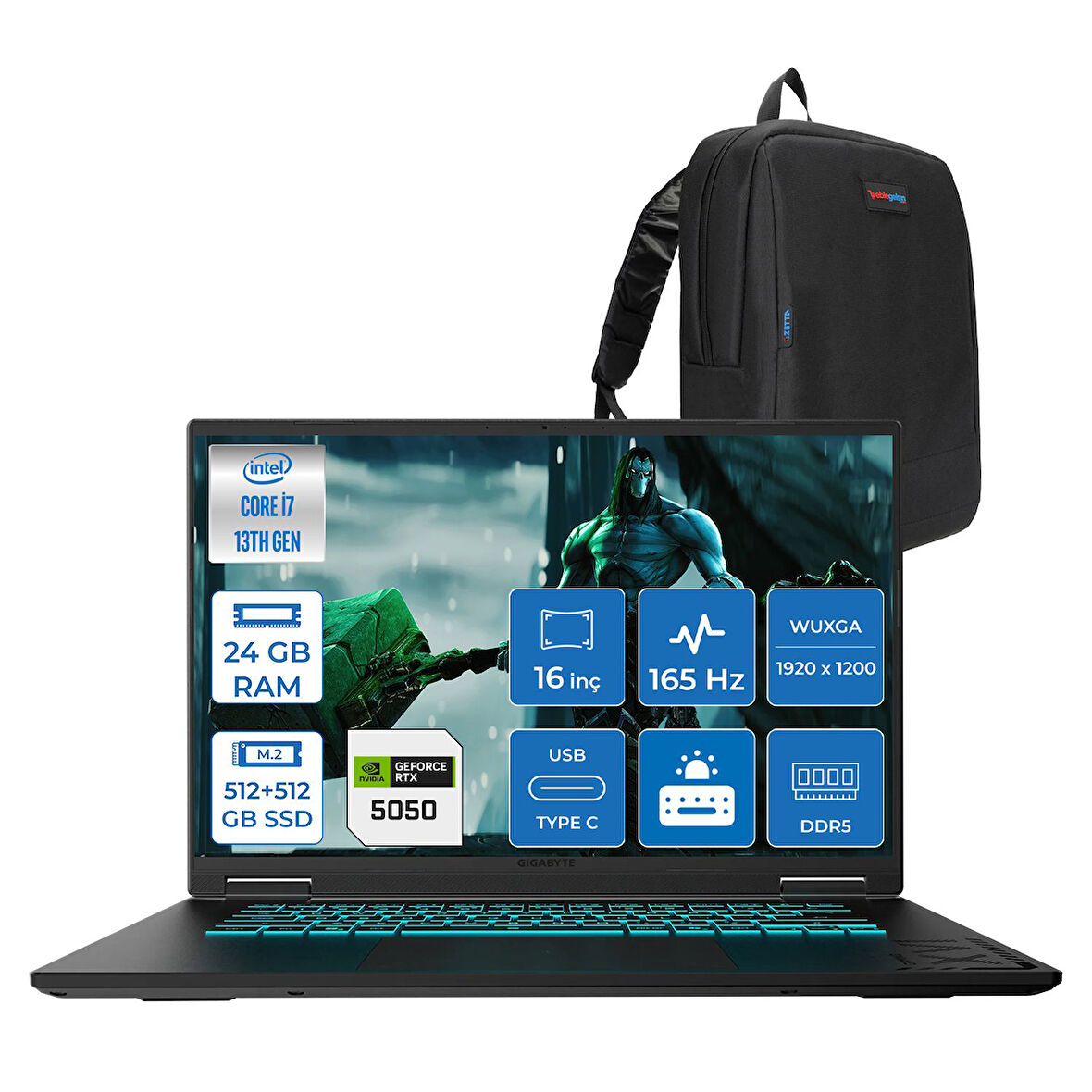 Gıgabyte Gamıng A16CTH Intel® Core™ I7-13620H Ddr5 24GB 512GB SSD +512GB SSD 16INÇ 8GB/RTX5050 85W IPS Wuxga (1920X1200) 165Hz, 300NITS Freedos Gaming Laptop WA16CTHF02+ZETTAÇANTA