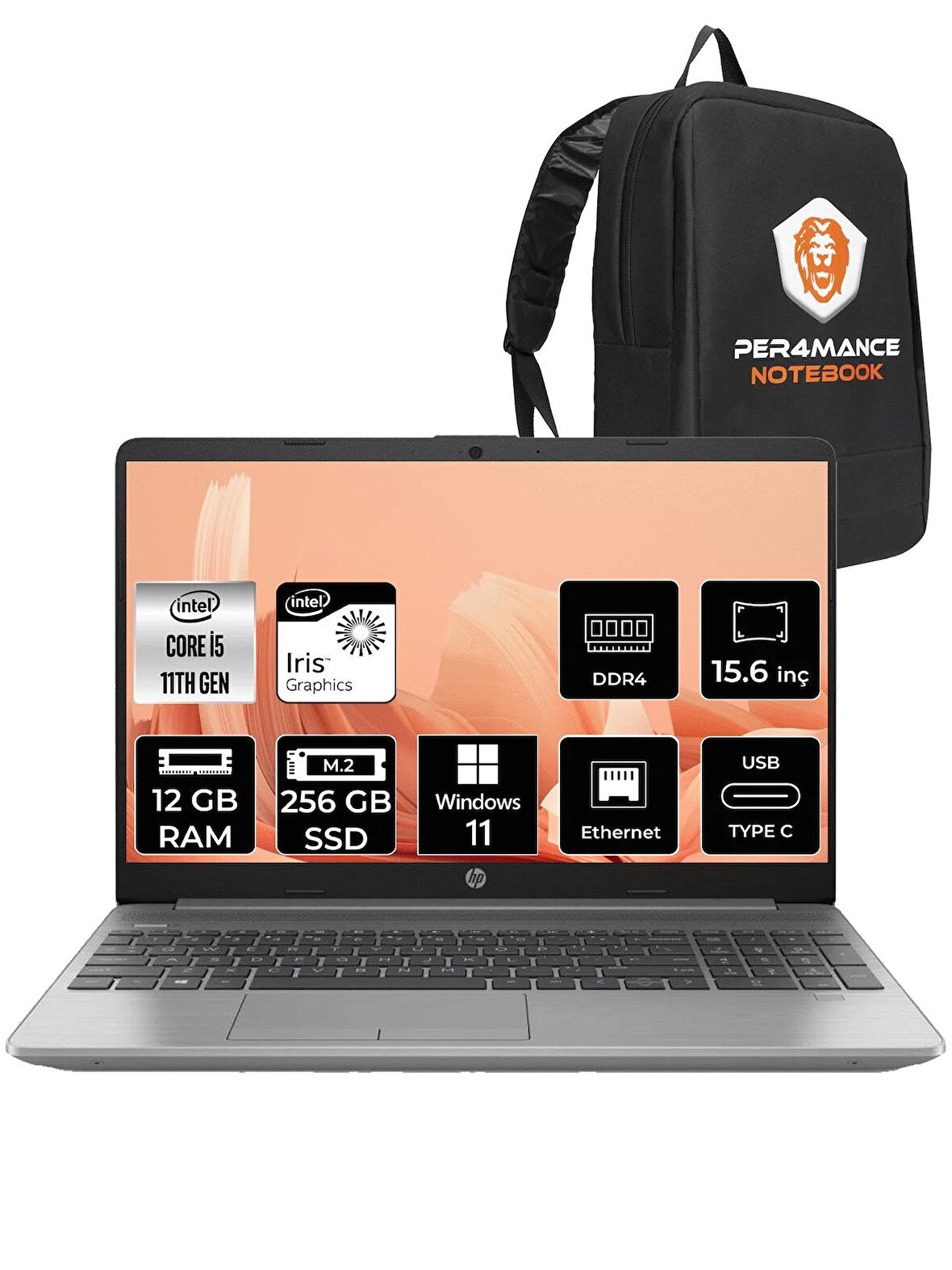 HP 250 G8 i5 1135G7 12GB RAM 256GB SSD 15.6'' FHD W11PRO 853U8ES & PER4 ÇANTA