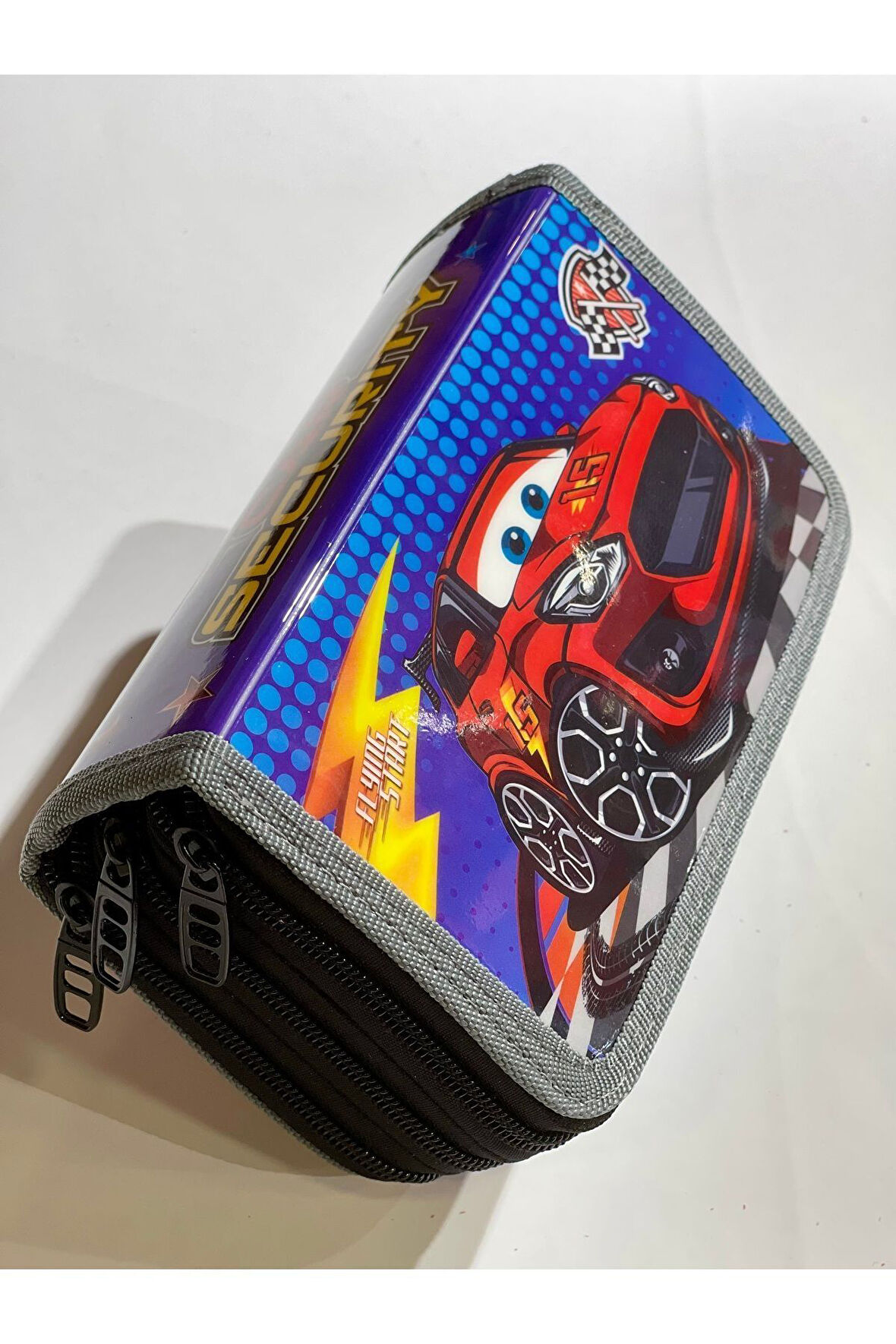 Cappi Bag Mavi Siyah Kırmızı Araba 3 Fermuarlı Bölmeli Erkek Çocuk Okul Kalem Kutusu 19x11x6cm