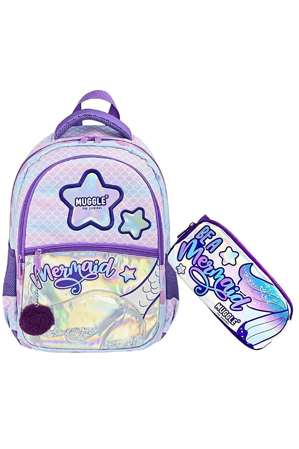 Lila Mermaid Yıldızlı Kız Okul Çantası Sırt Çanta ve Kalemlik 40 x 30x 15cm